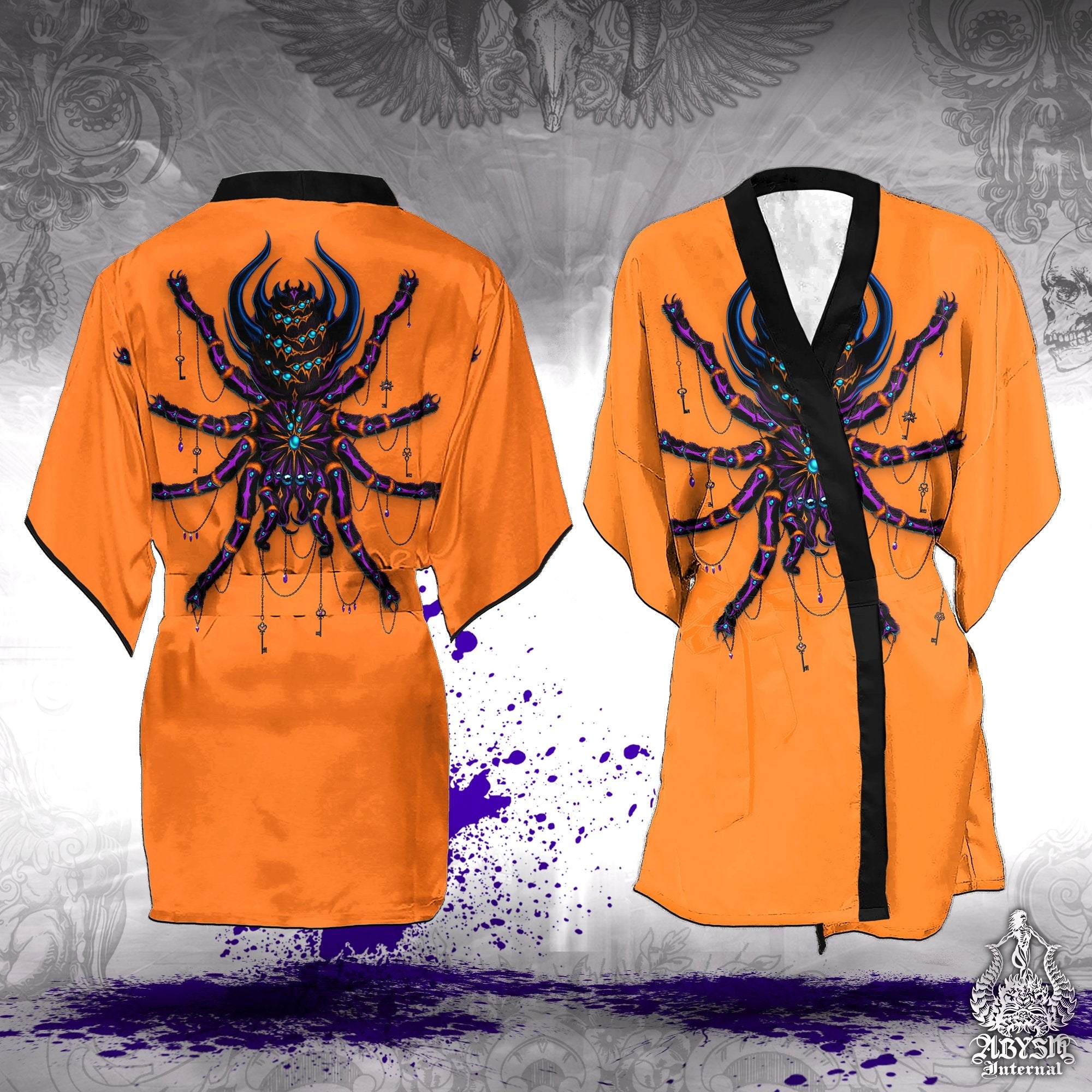 Spider Cover Up, Halloween Outfit, Goth Party Kimono, Summer Festival Robe, Alternative Clothing, Unisex - Tarantula, Neon - Abysm Internal