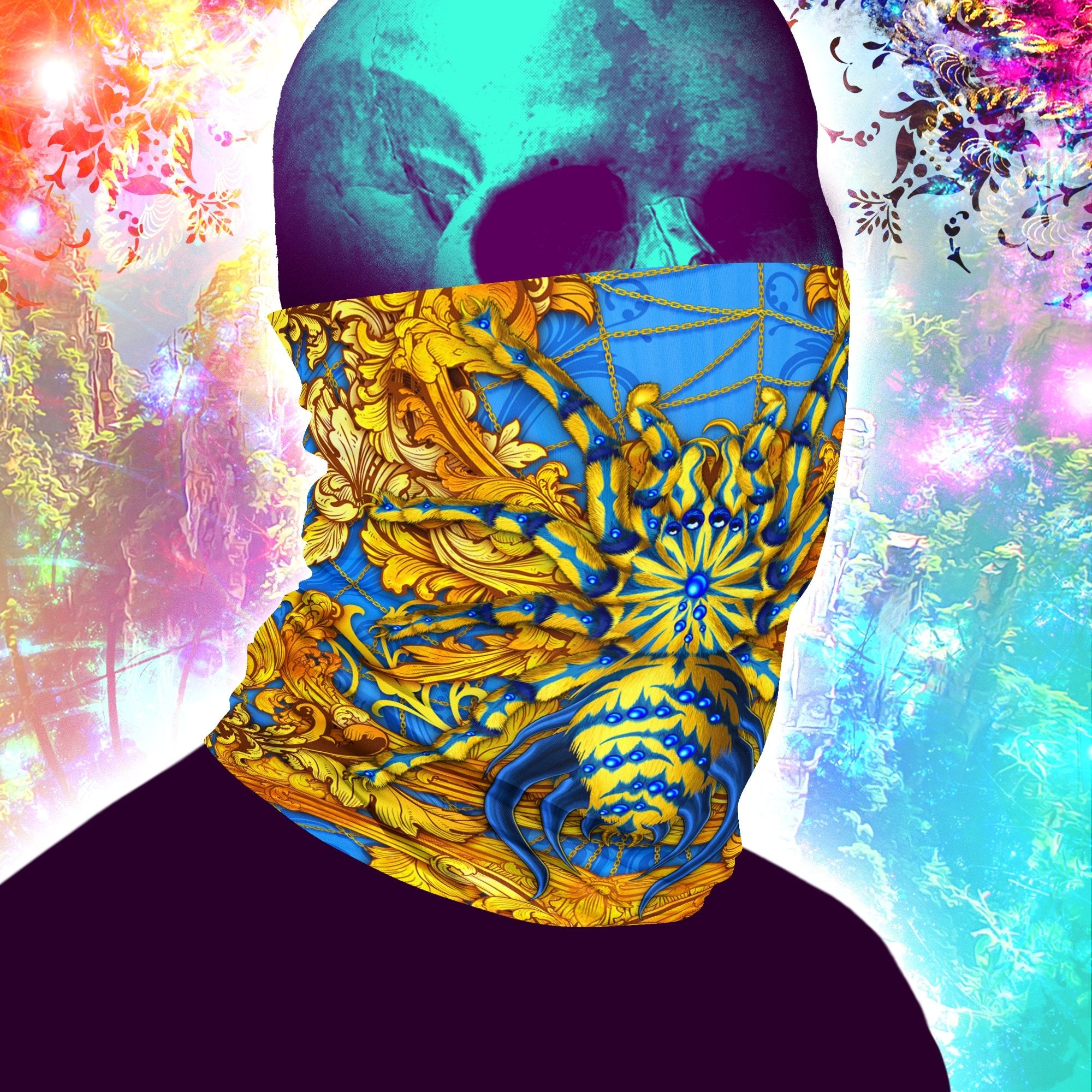 Spider Neck Gaiter, Face Mask, Head Covering, Indie Festival Outfit, Tarantula Lover Gift - Cyan and Gold - Abysm Internal