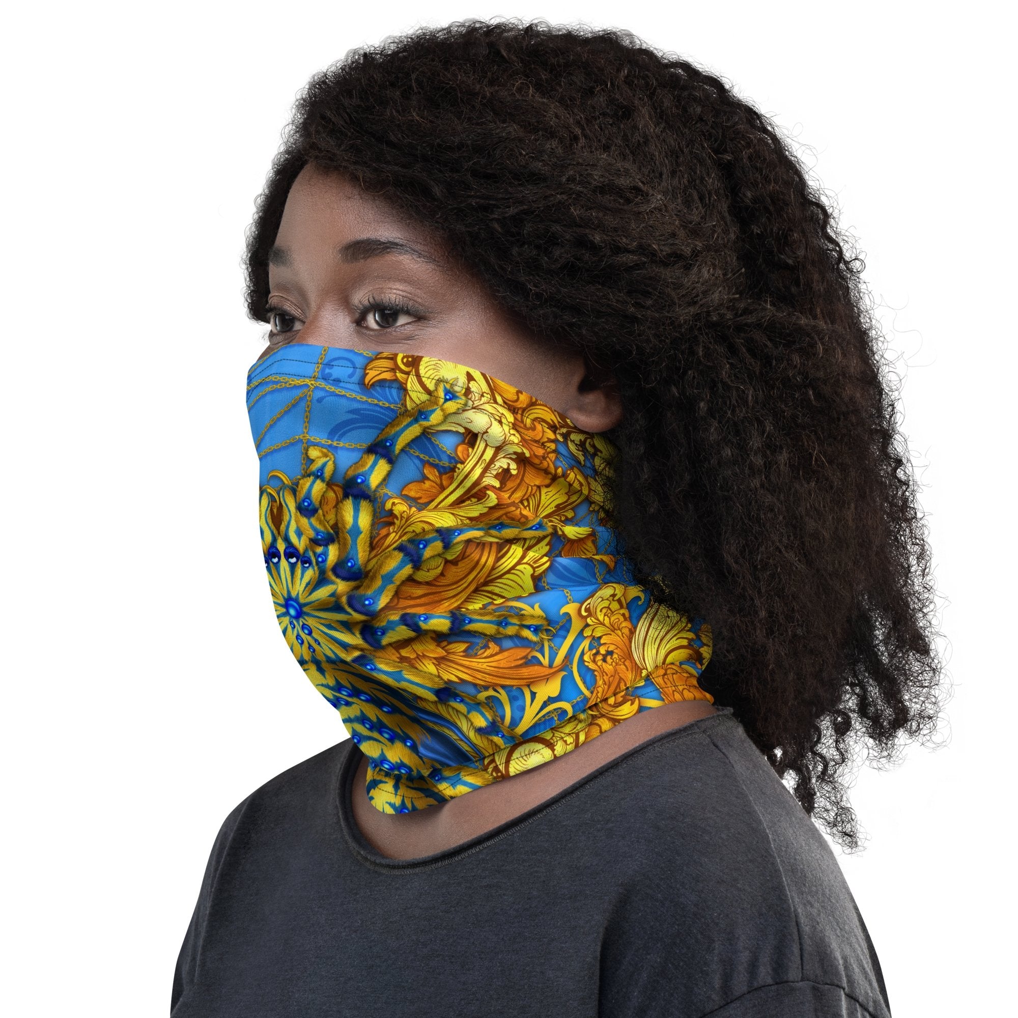 Spider Neck Gaiter, Face Mask, Head Covering, Indie Festival Outfit, Tarantula Lover Gift - Cyan and Gold - Abysm Internal