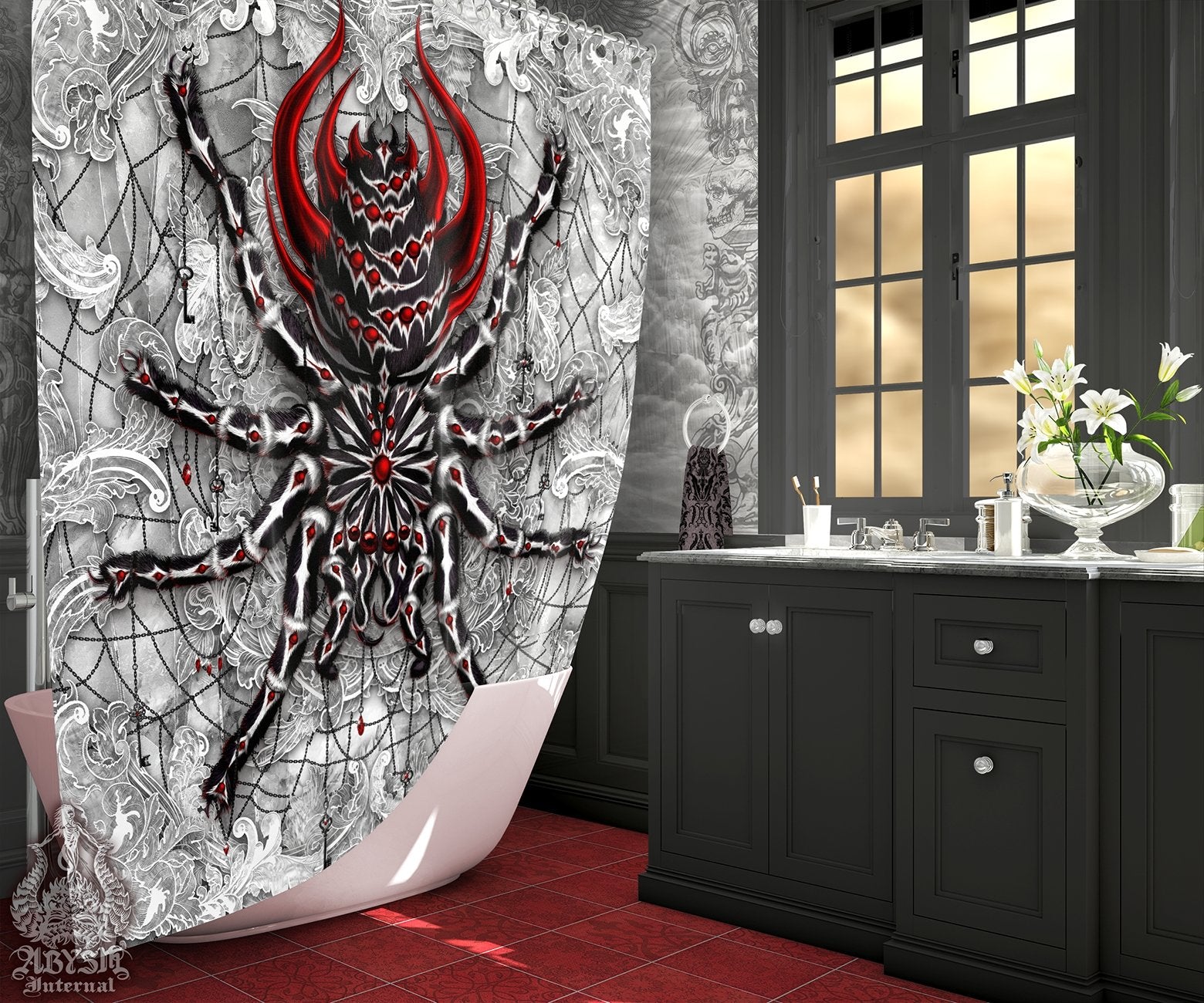 Spider Shower Curtain, Gothic Bathroom Decor, White Goth, Alternative Home - Spider, Stone Red, Tarantula Art - Abysm Internal