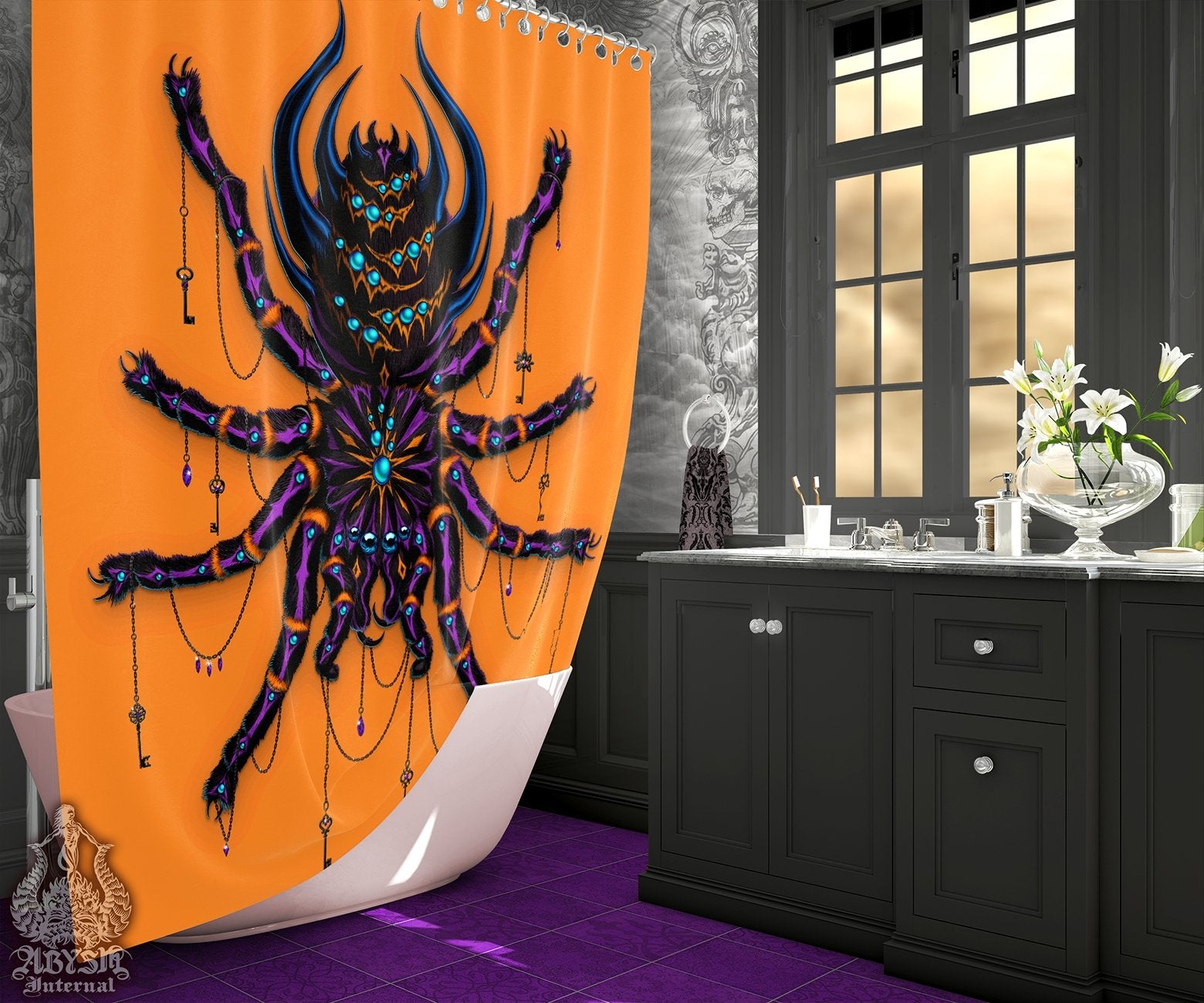 Spider Shower Curtain, Neon Goth Bathroom Decor, Alternative Home, Tarantula Art - Abysm Internal