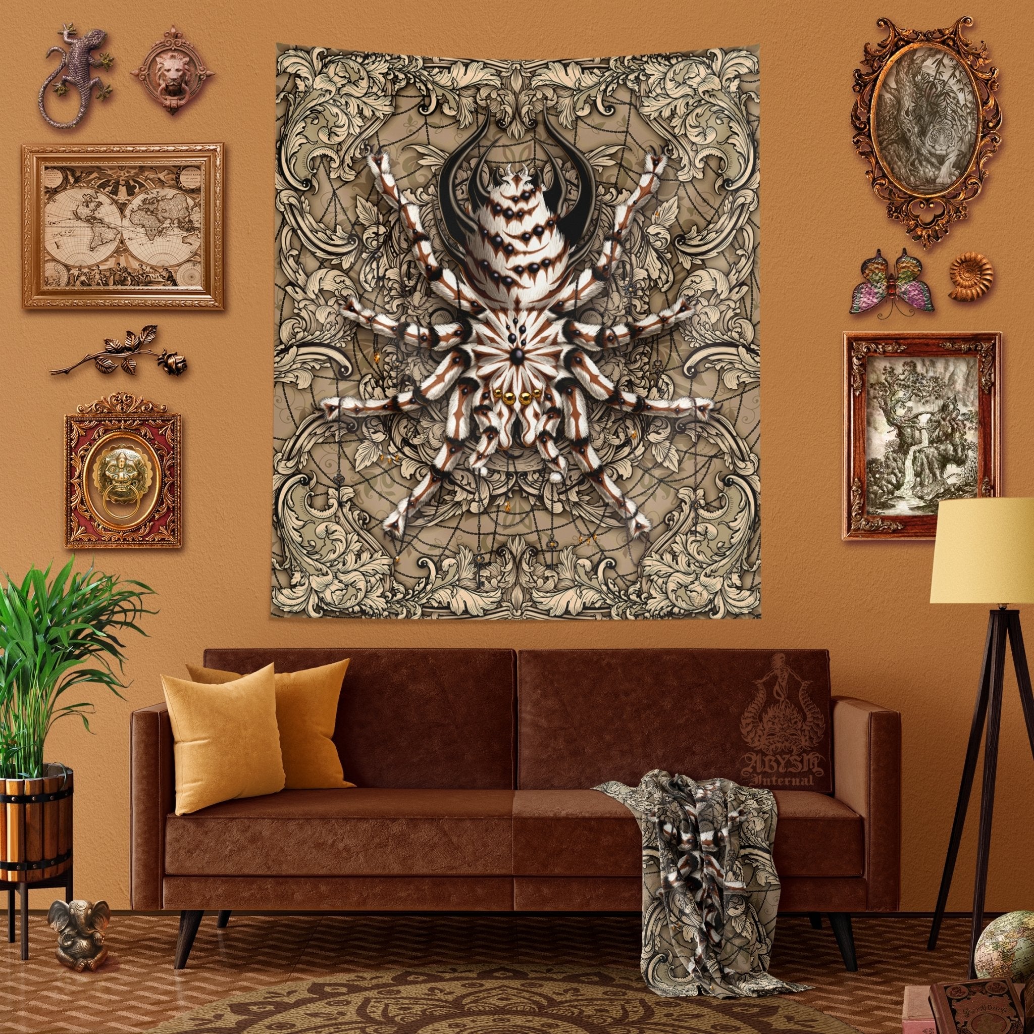 Spider Tapestry, Indie Wall Hanging, Alternative Home Decor, Tarantula Art Print, Eclectic and Funky - Cream - Abysm Internal