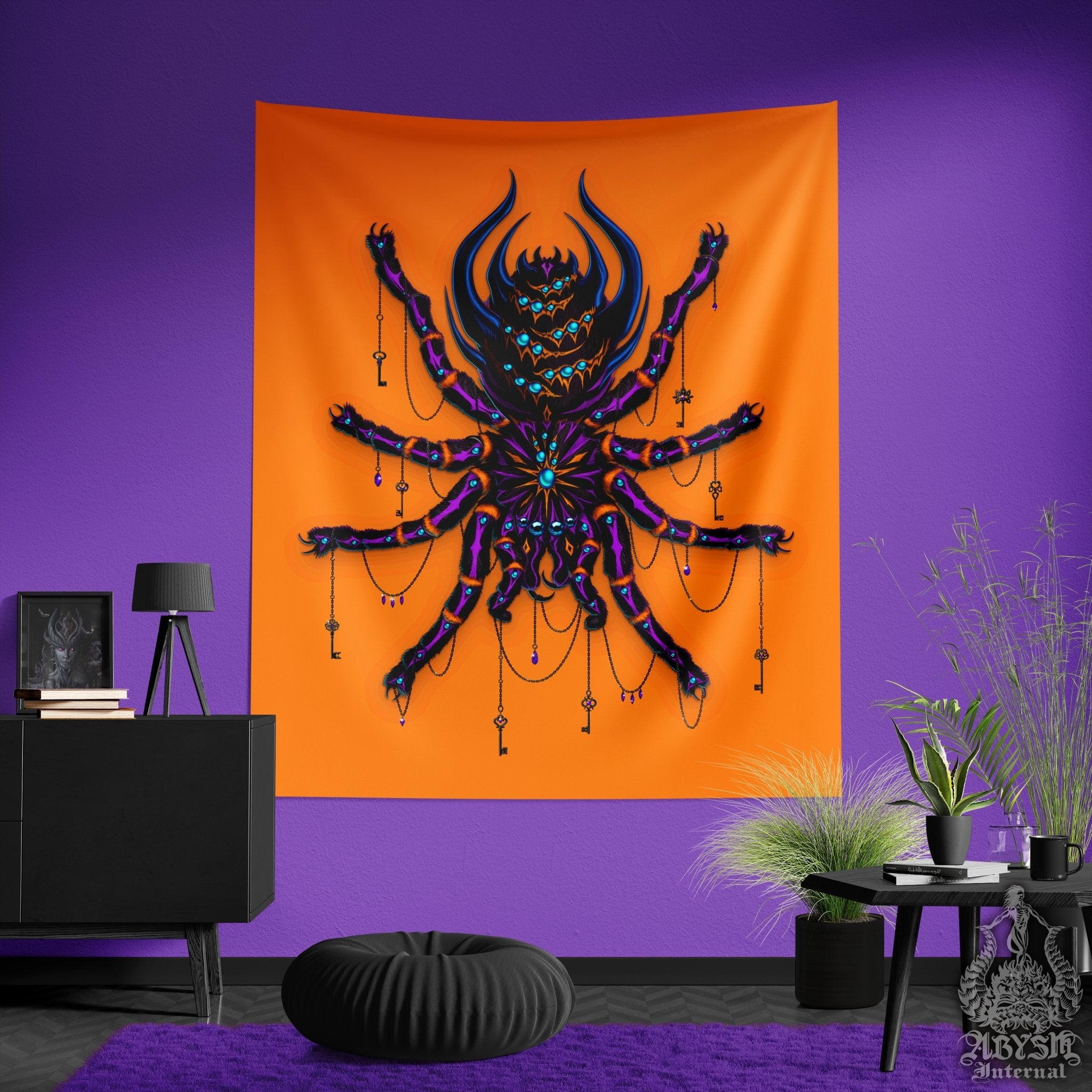 Spider Tapestry, Indie Wall Hanging, Alternative Home Decor, Tarantula Art Print, Eclectic and Funky - Neon Goth - Abysm Internal