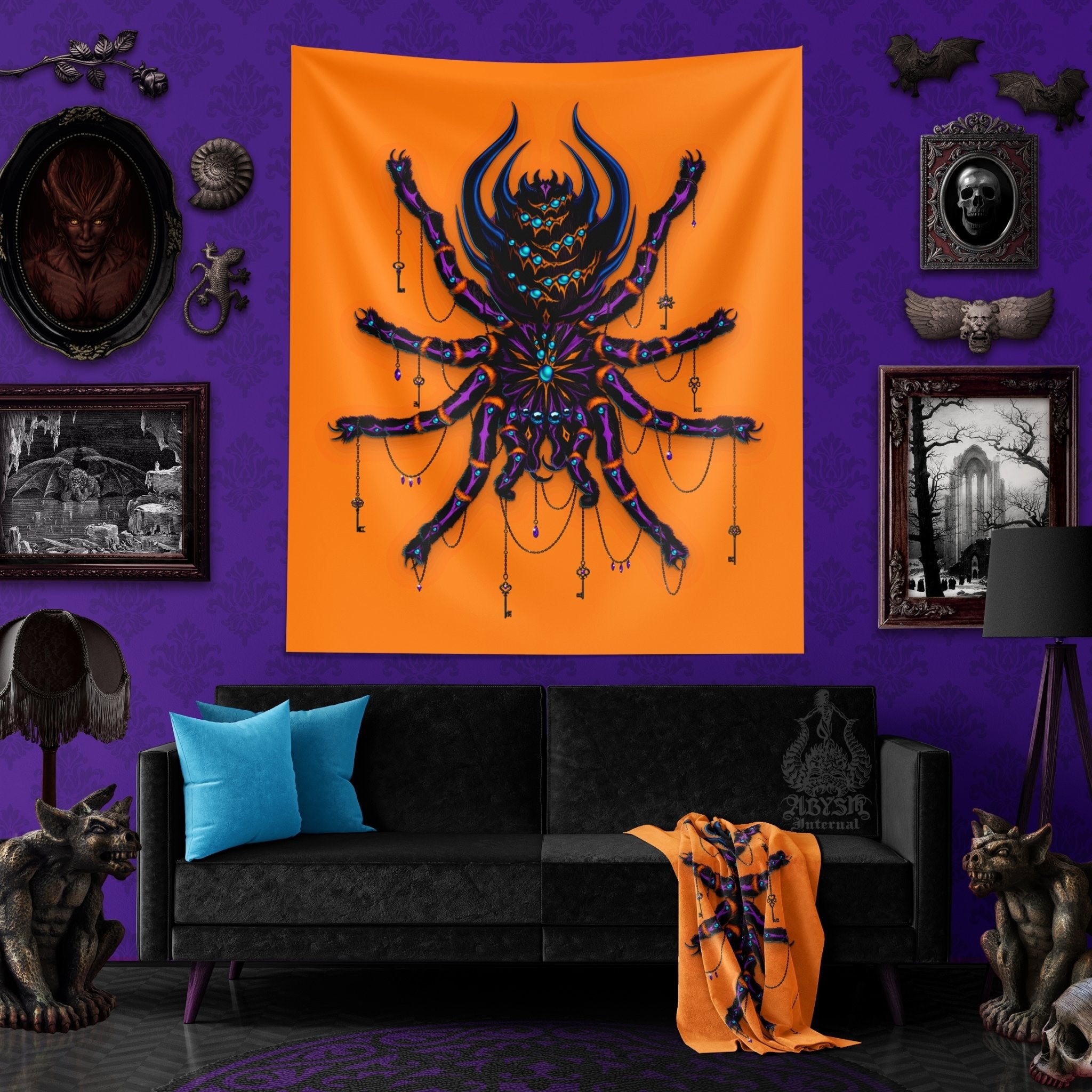 Spider Tapestry, Indie Wall Hanging, Alternative Home Decor, Tarantula Art Print, Eclectic and Funky - Neon Goth - Abysm Internal