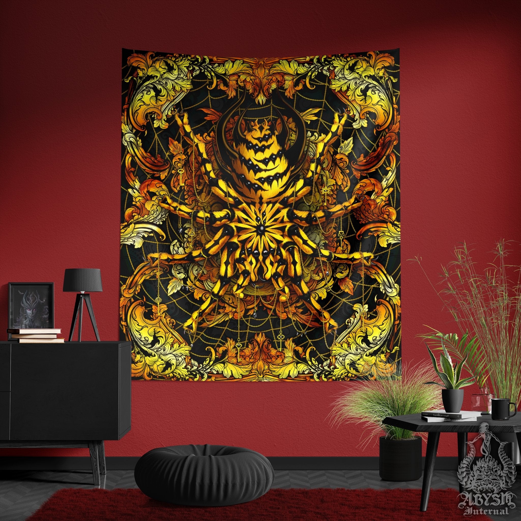 Spider Tapestry, Indie Wall Hanging, Alternative Home Decor, Tarantula Art Print - Gold Black - Abysm Internal
