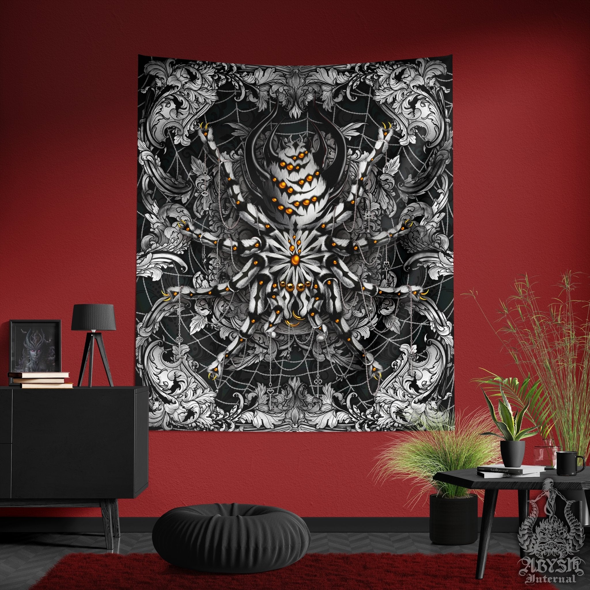 Spider Tapestry, Indie Wall Hanging, Alternative Home Decor, Tarantula Art Print - Silver Black - Abysm Internal