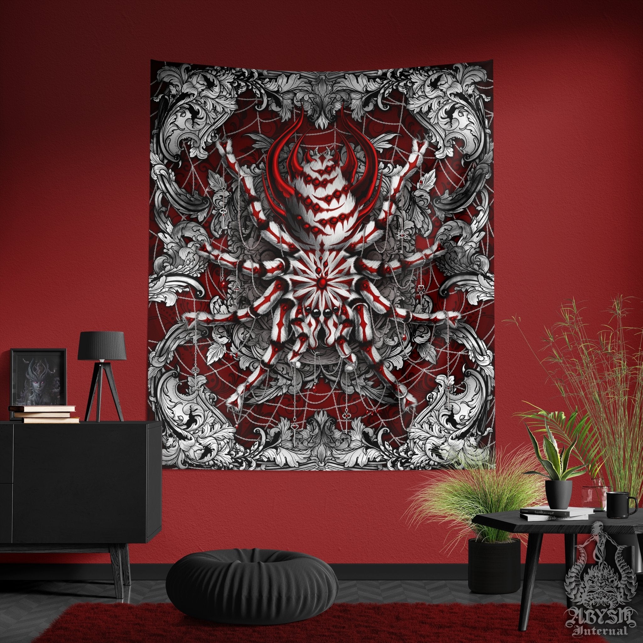 Spider Tapestry, Indie Wall Hanging, Alternative Home Decor, Tarantula Art Print - Silver Red - Abysm Internal