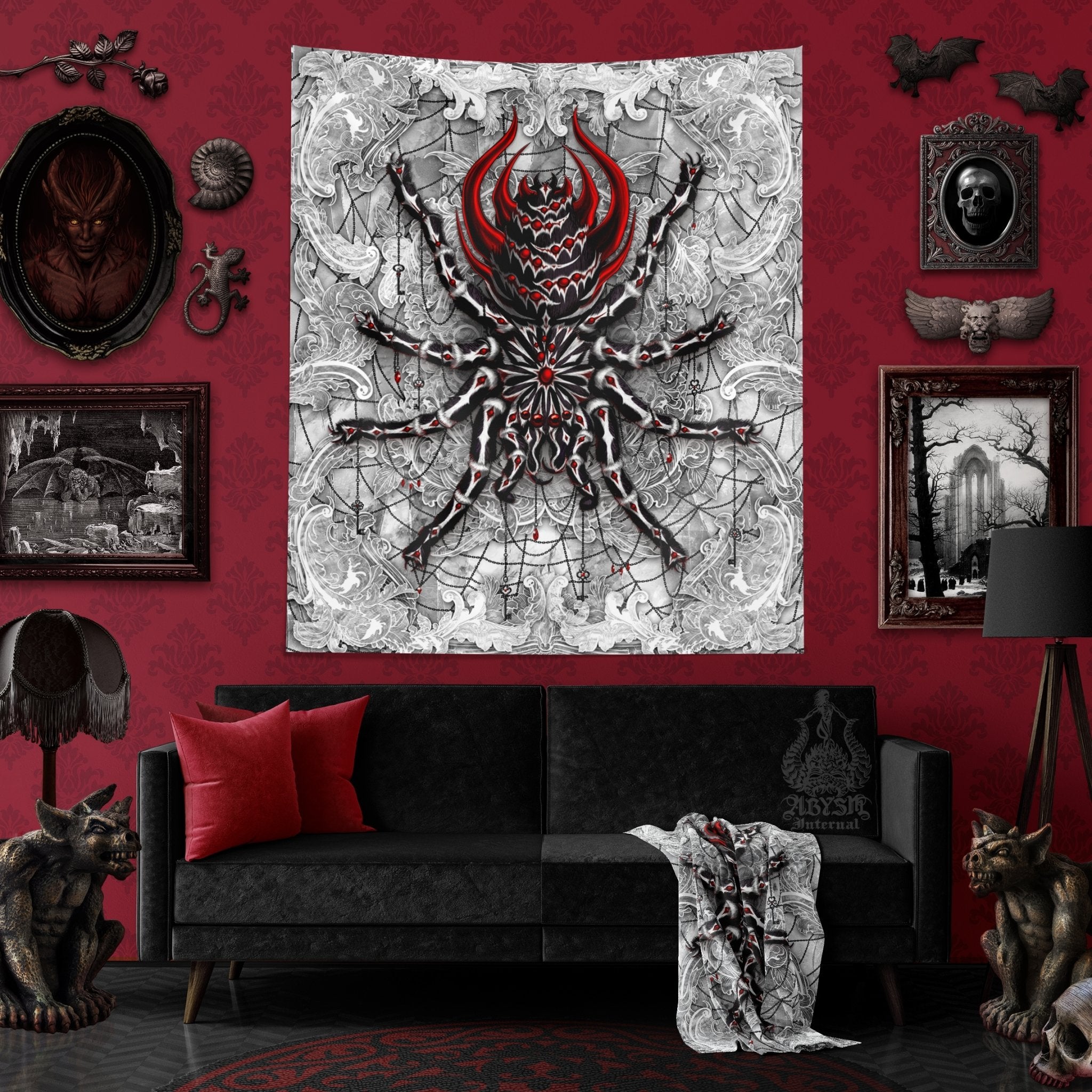 Spider Tapestry, White Goth Wall Hanging, Gothic Home Decor, Tarantula Art Print - Stone Red - Abysm Internal