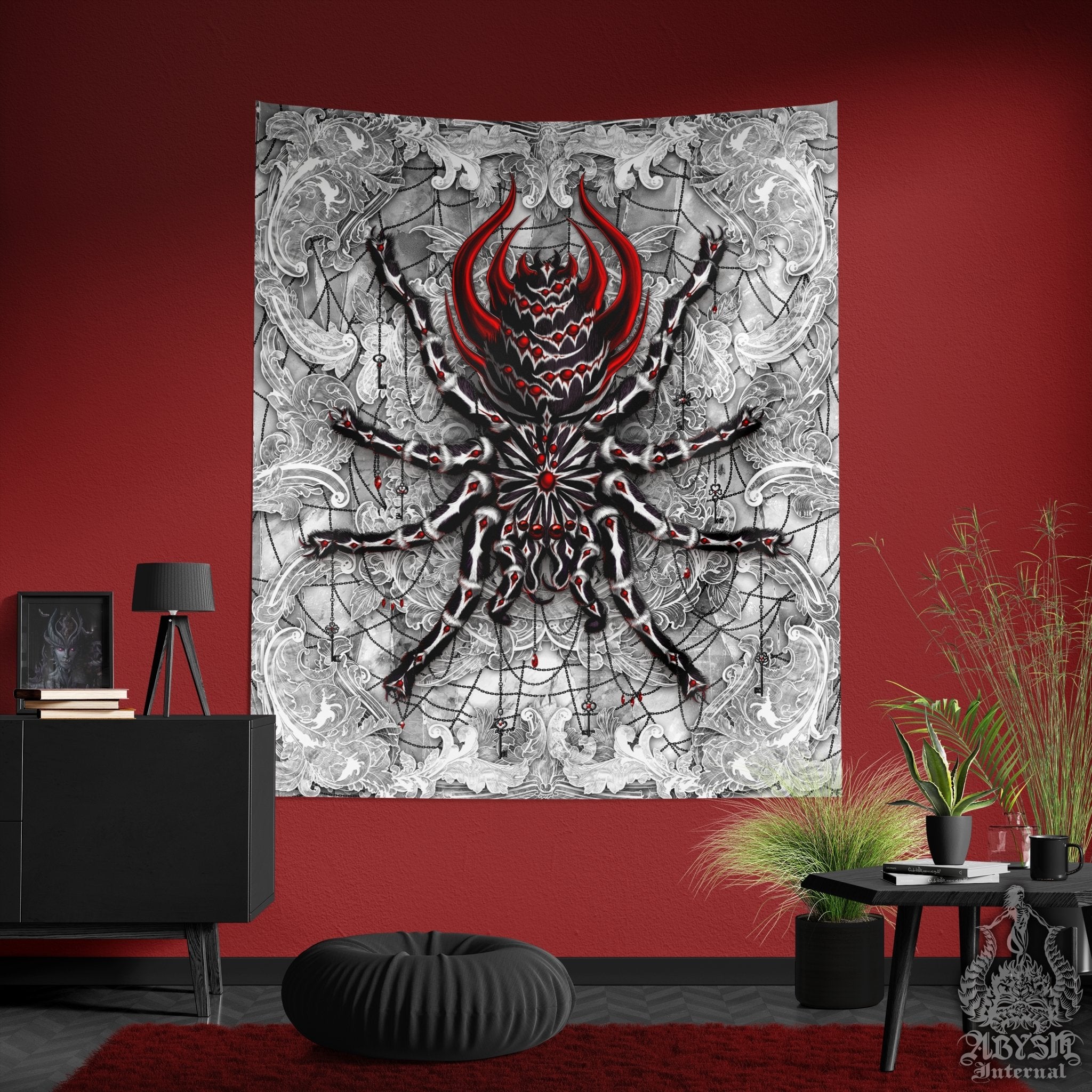 Spider Tapestry, White Goth Wall Hanging, Gothic Home Decor, Tarantula Art Print - Stone Red - Abysm Internal