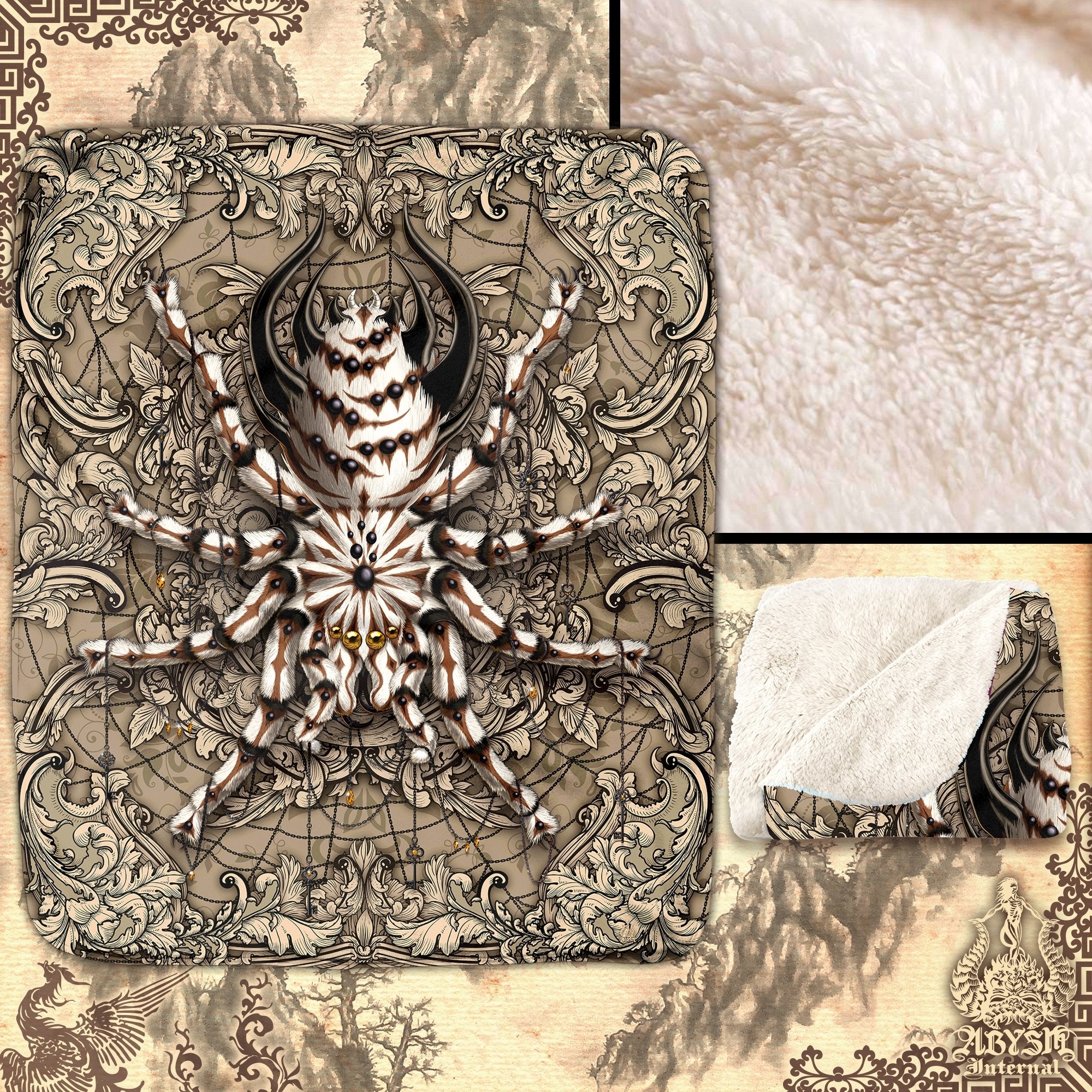 Spider Throw Fleece Blanket, Alternative Home Decor, Eclectic and Funky Gift - Cream, Tarantula Art - Abysm Internal