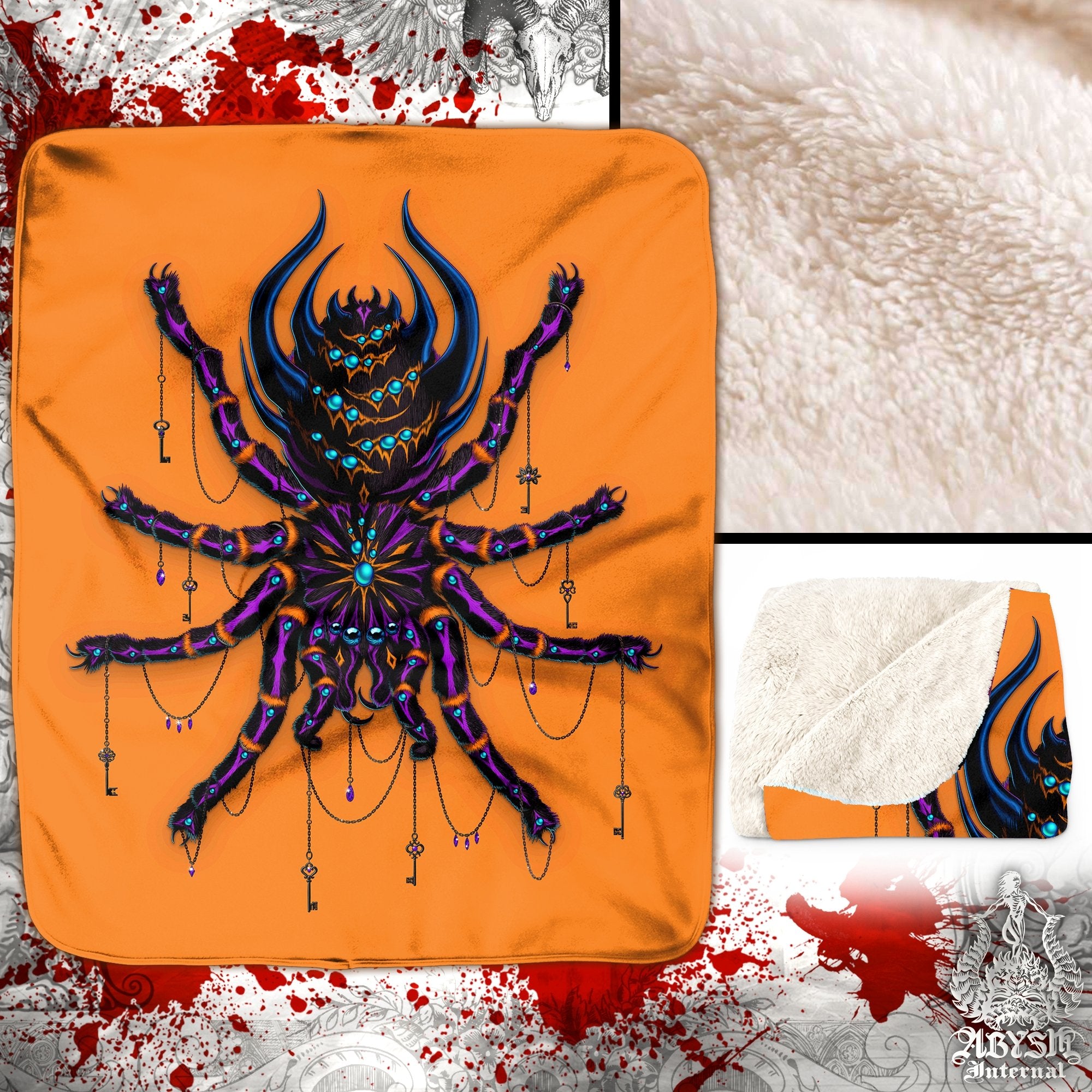 Spider Throw Fleece Blanket, Alternative Home Decor, Eclectic and Funky Gift - Neon Goth, Tarantula Art - Abysm Internal