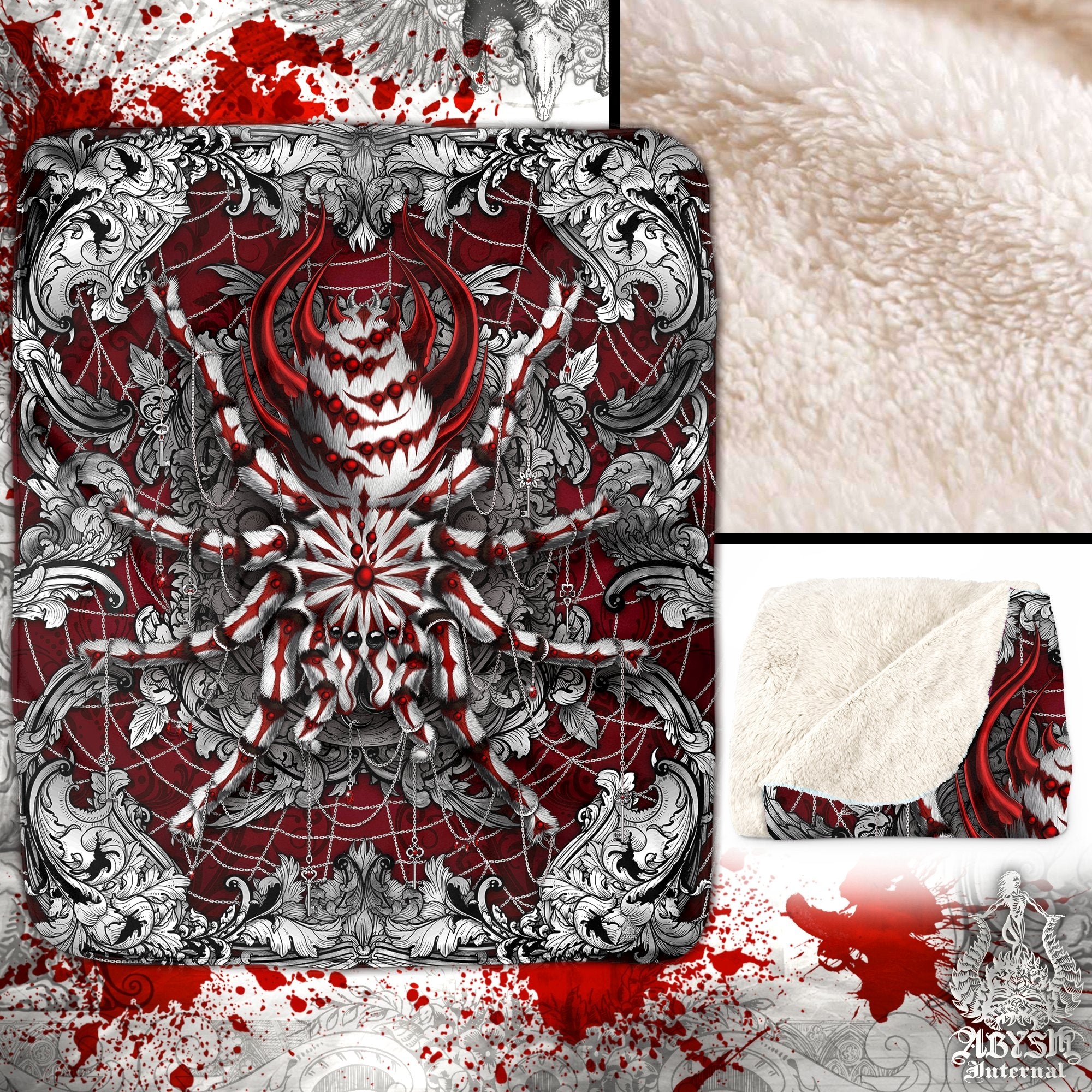 Spider Throw Fleece Blanket, Alternative Home Decor, Unique Gift - Silver Red, Tarantula Art - Abysm Internal