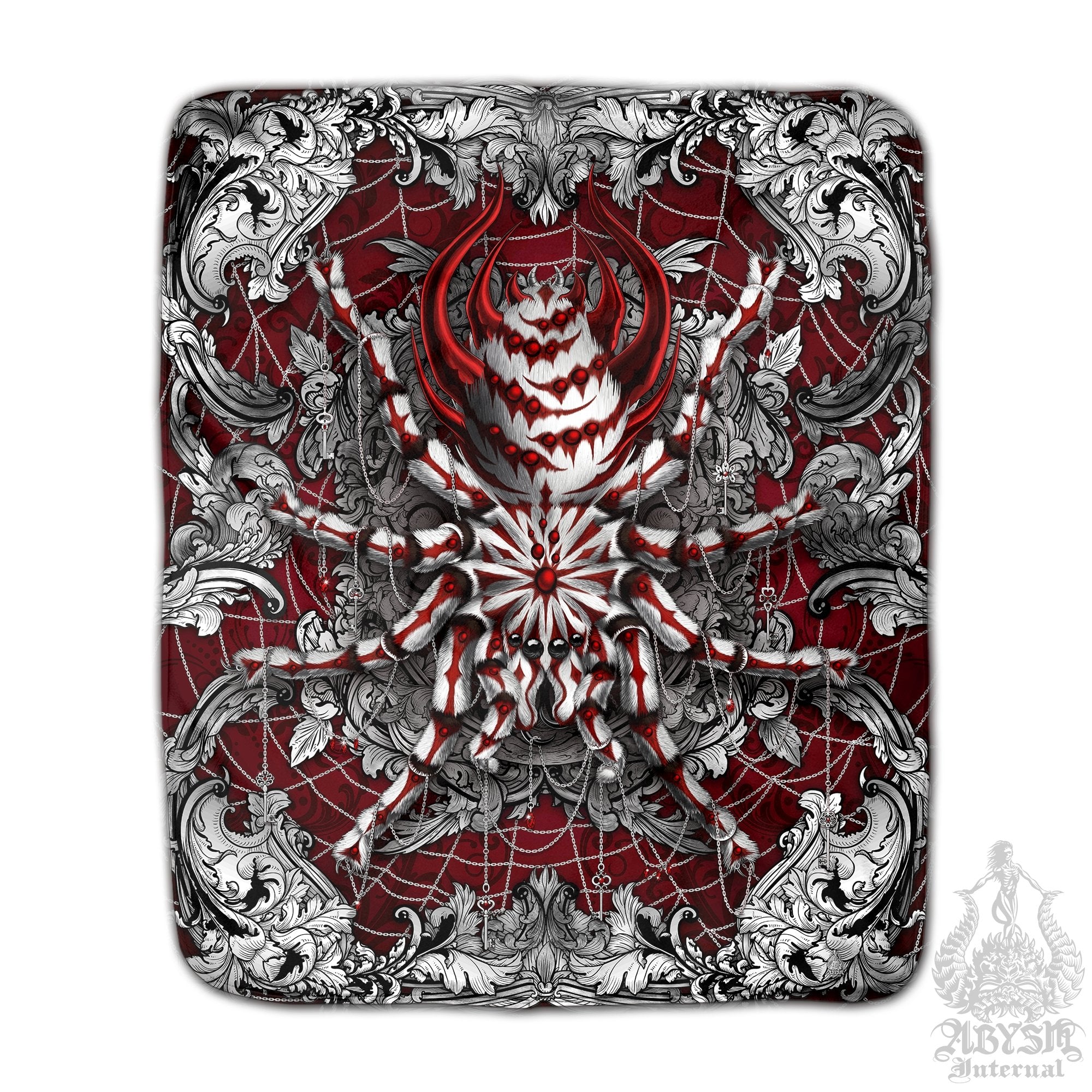Spider Throw Fleece Blanket, Alternative Home Decor, Unique Gift - Silver Red, Tarantula Art - Abysm Internal