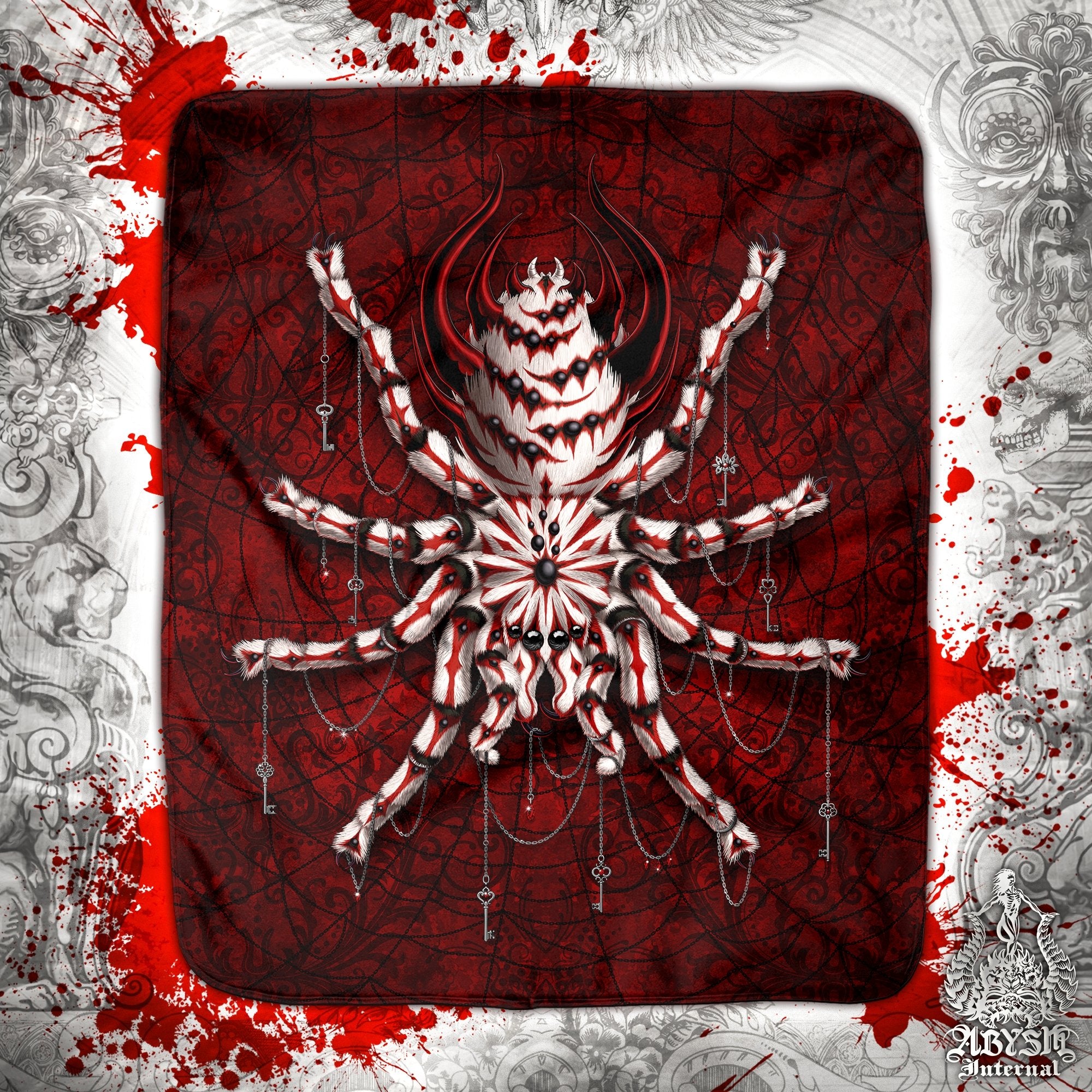 Spider Throw Fleece Blanket, Dark Gift, Goth Home Decor, Alternative Art Gift - Bloody Red Gothic, White, Tarantula Art - Abysm Internal