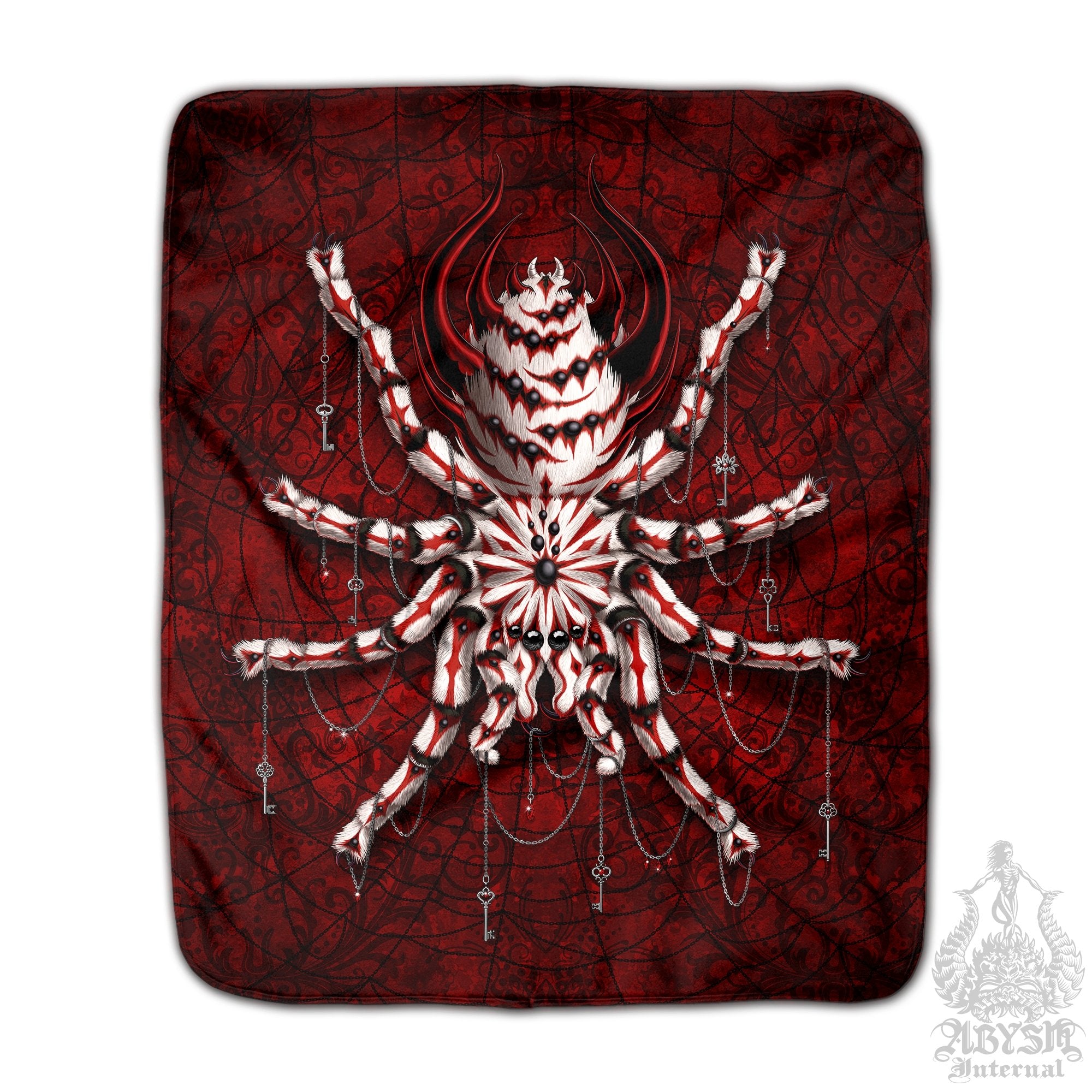 Spider Throw Fleece Blanket, Dark Gift, Goth Home Decor, Alternative Art Gift - Bloody Red Gothic, White, Tarantula Art - Abysm Internal