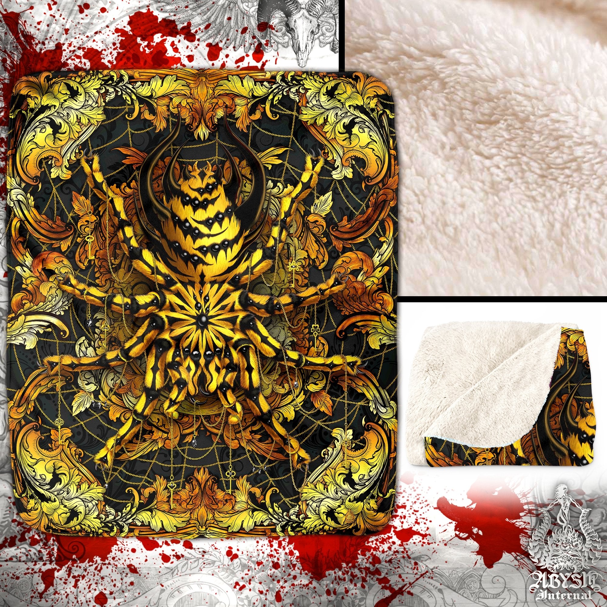 Spider Throw Fleece Blanket, Indie Home Decor, Unique Gift - Gold Black, Tarantula Art - Abysm Internal