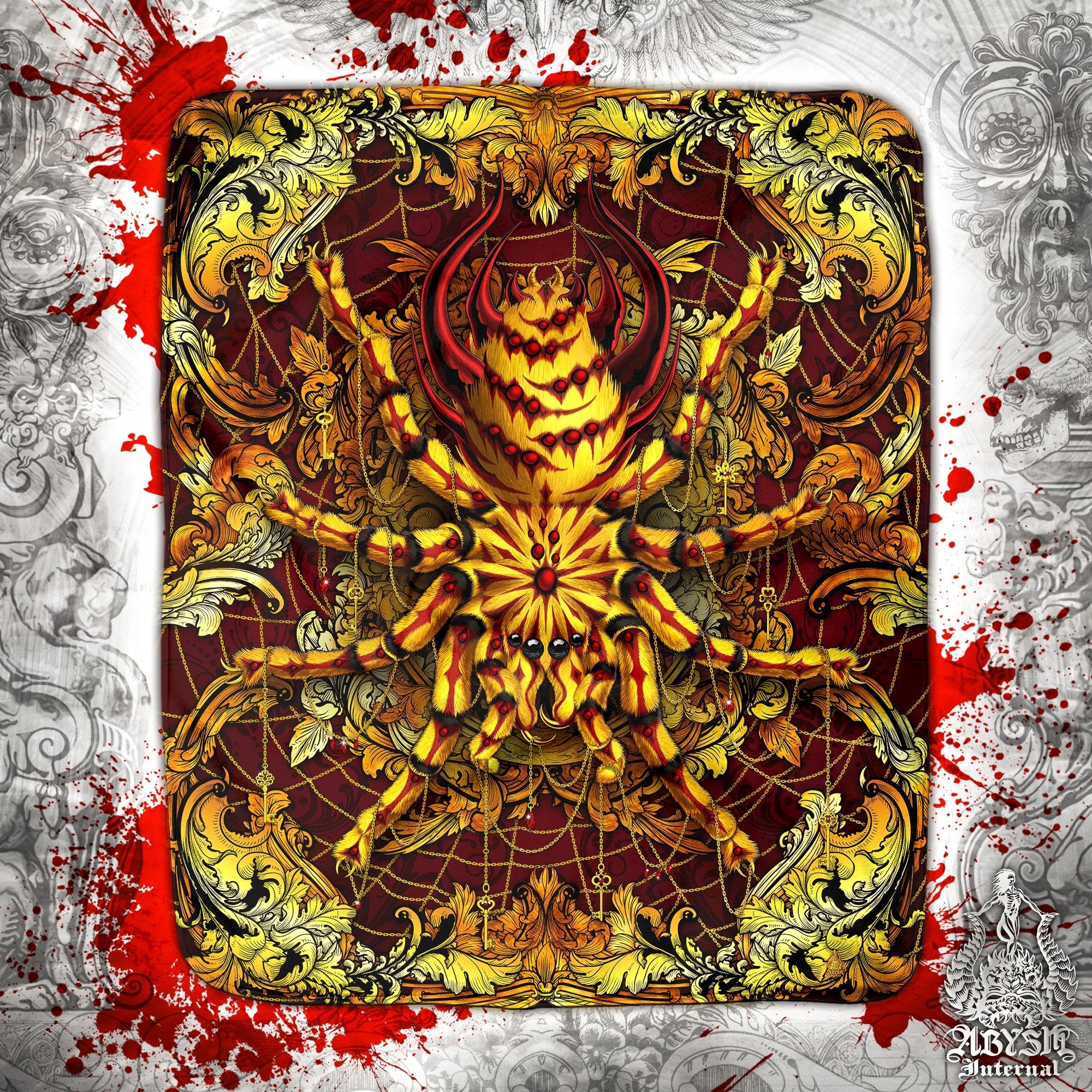 Spider Throw Fleece Blanket, Indie Home Decor, Unique Gift - Gold Red, Tarantula Art - Abysm Internal