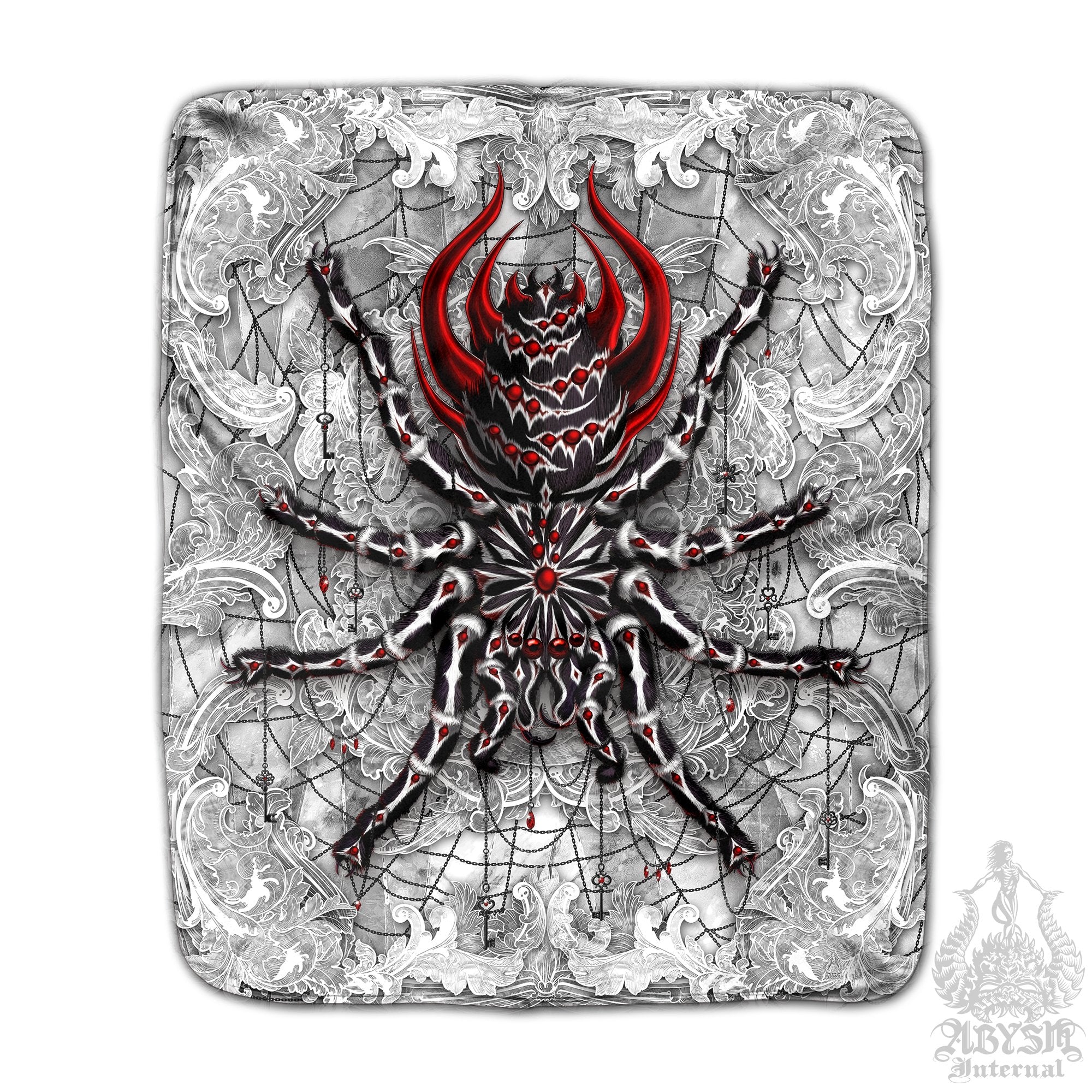 Spider Throw Fleece Blanket, White Goth Home Decor, Gothic Gift, Alternative Art Gift - Stone, Red, Tarantula Art - Abysm Internal