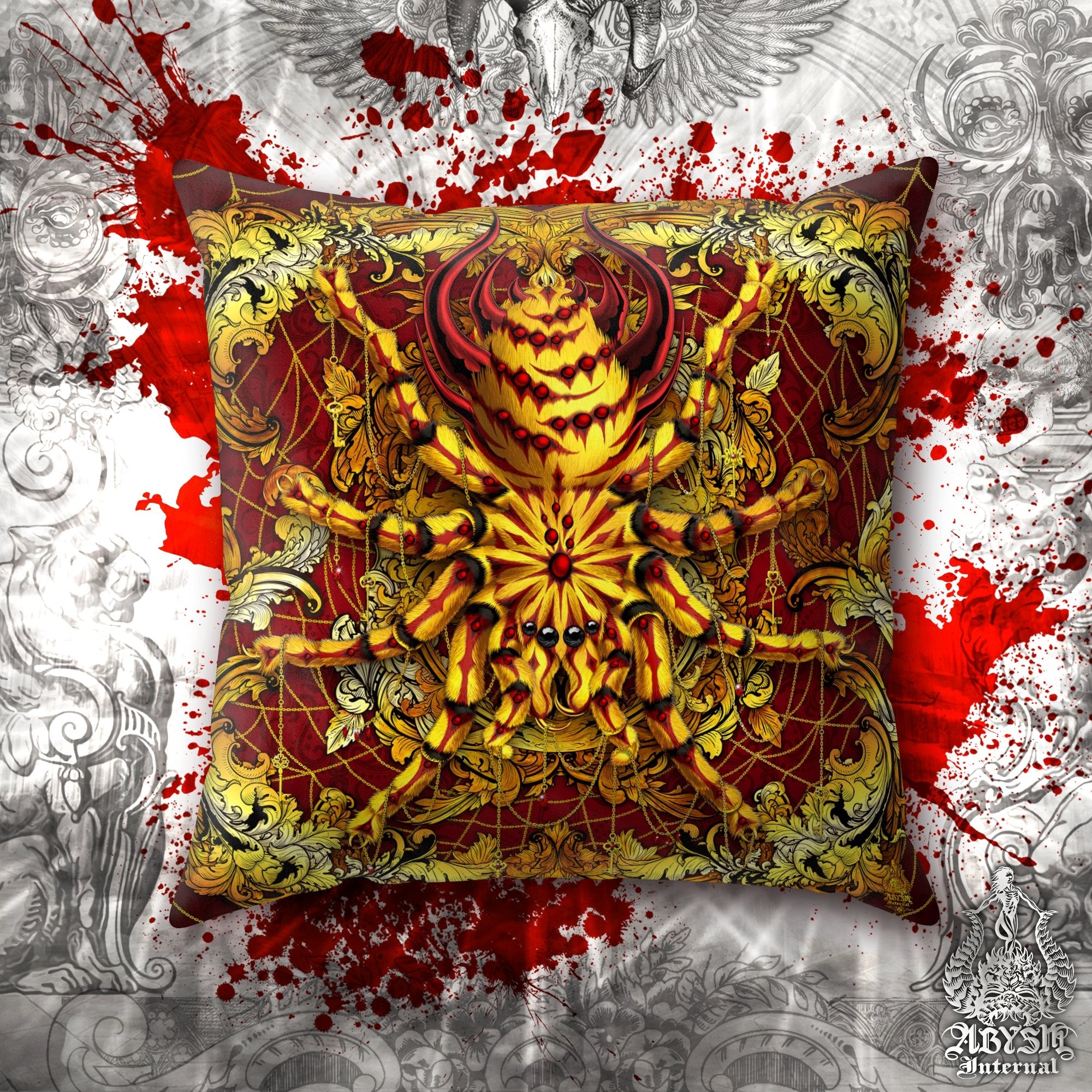 Spider Throw Pillow, Decorative Accent Cushion, Eclectic Room Decor, Alternative and Funky Home - Tarantula, Gold Red - Abysm Internal