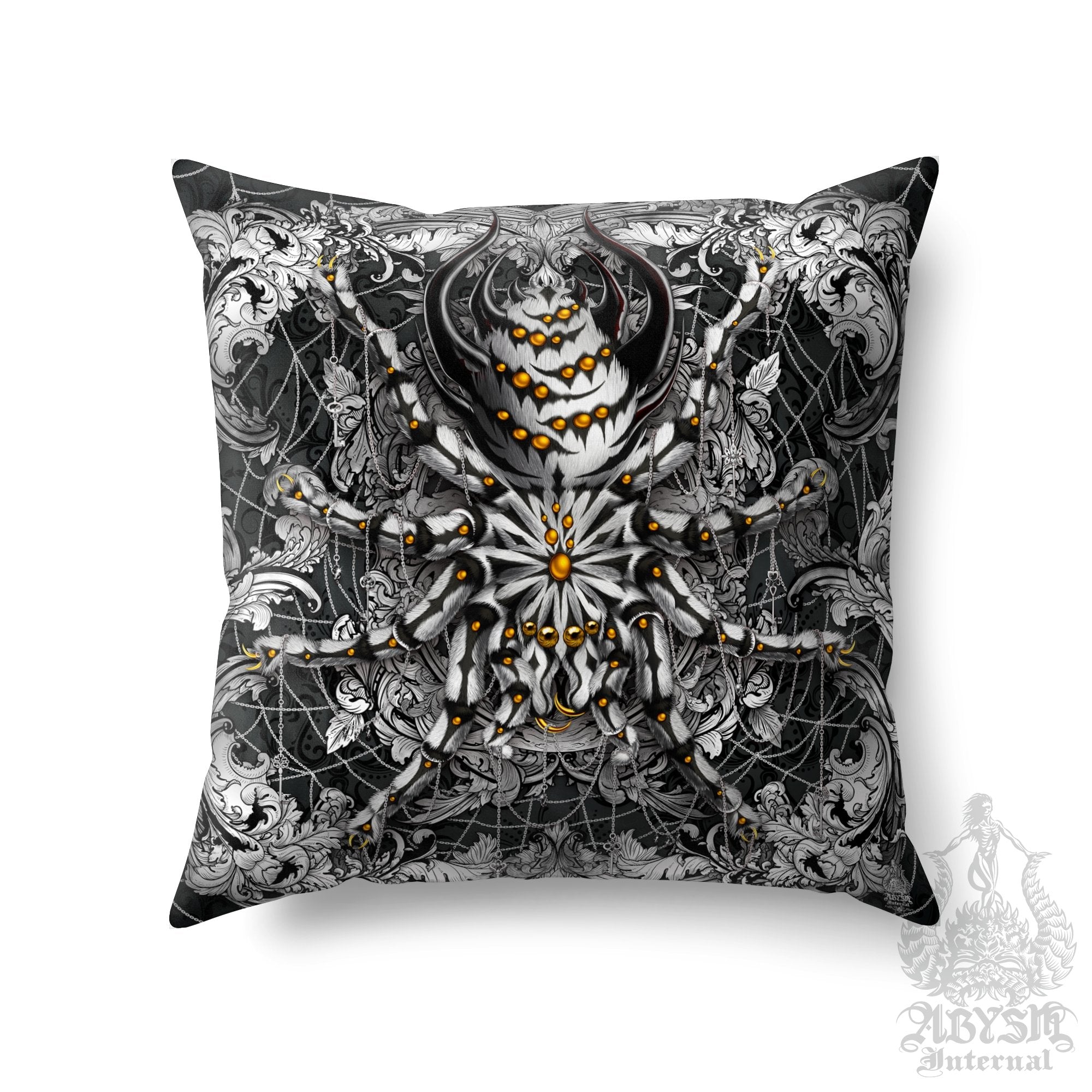 Spider Throw Pillow, Decorative Accent Cushion, Eclectic Room Decor, Alternative and Funky Home - Tarantula, Silver Black - Abysm Internal
