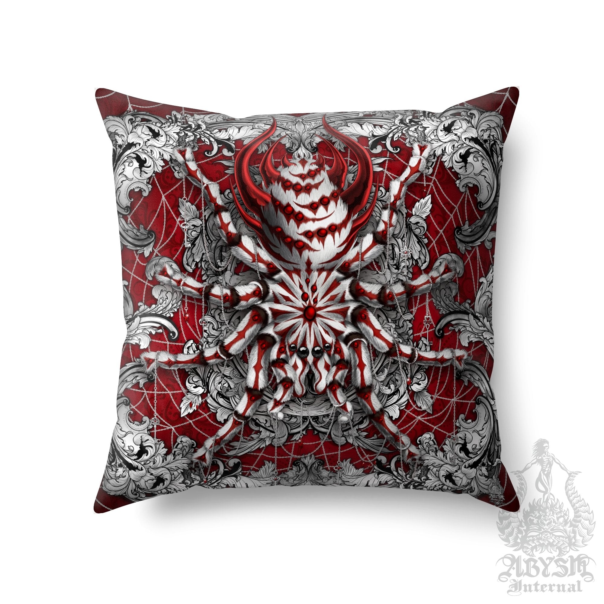 Spider Throw Pillow, Decorative Accent Cushion, Eclectic Room Decor, Alternative and Funky Home - Tarantula, Silver Red - Abysm Internal