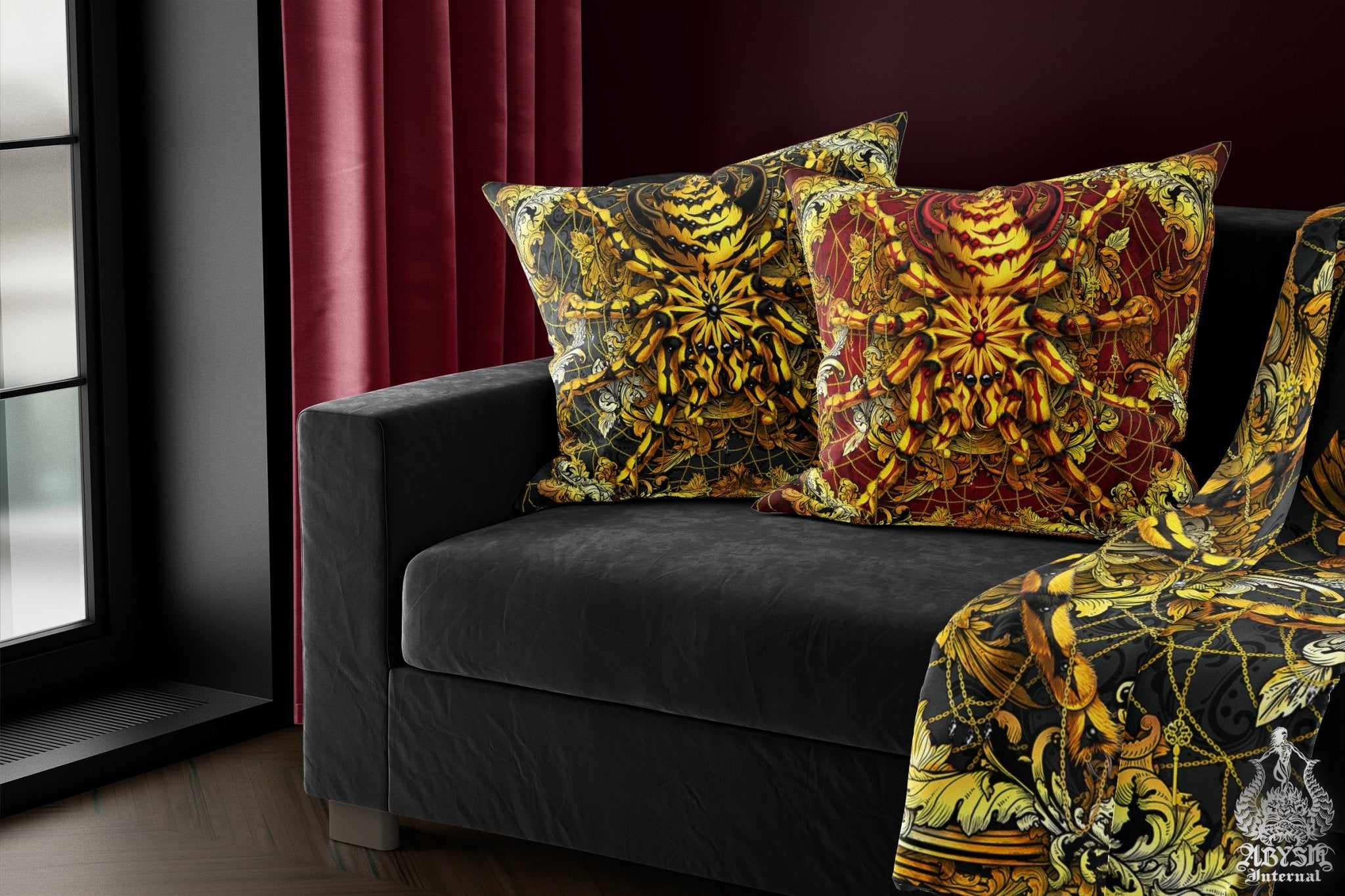 Spider Throw Pillow, Decorative Accent Cushion, Eclectic Room Decor, Alternative Home - Tarantula, Gold Black - Abysm Internal