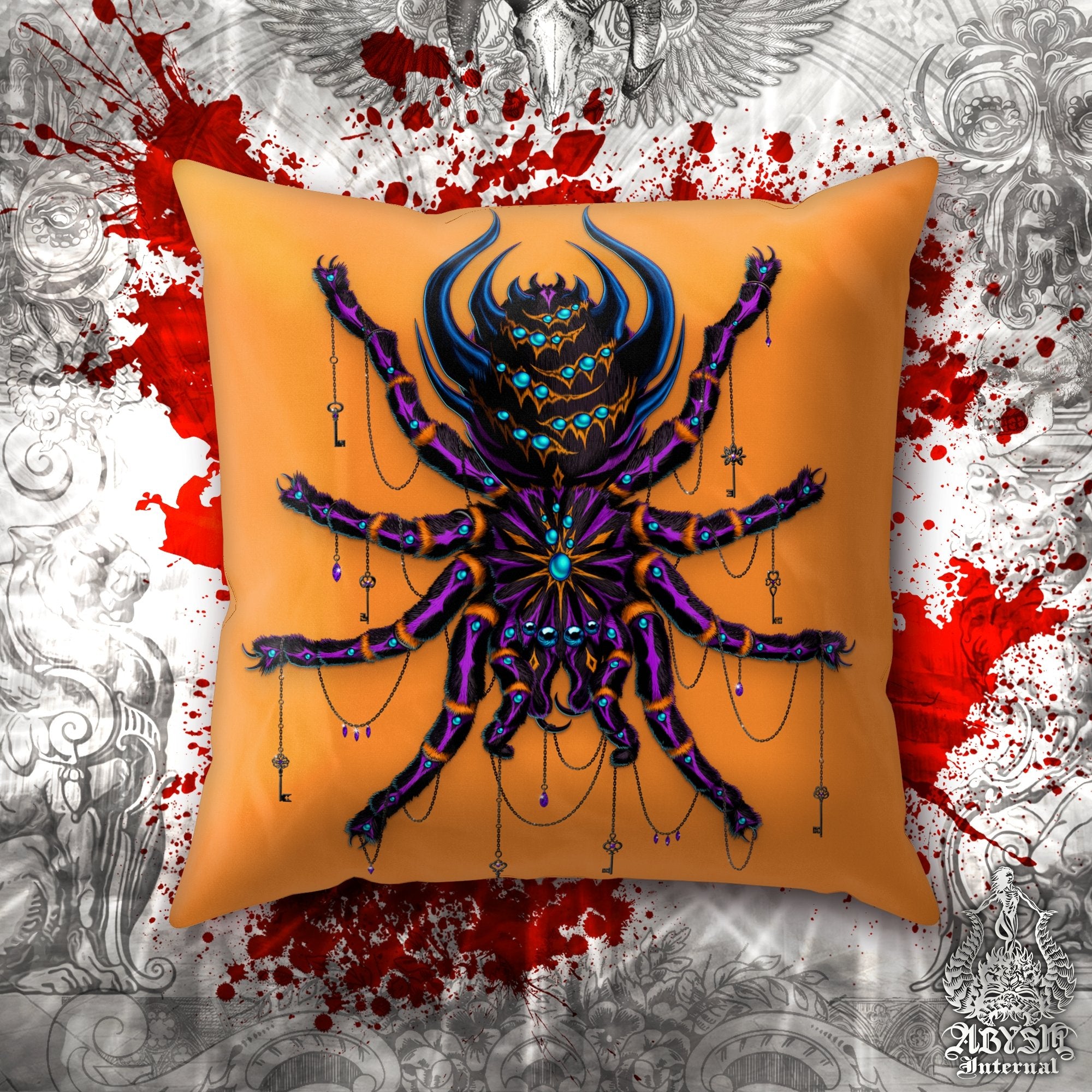 Spider Throw Pillow, Decorative Accent Cushion, Eclectic Room Decor, Alternative Home - Tarantula, Neon Goth - Abysm Internal