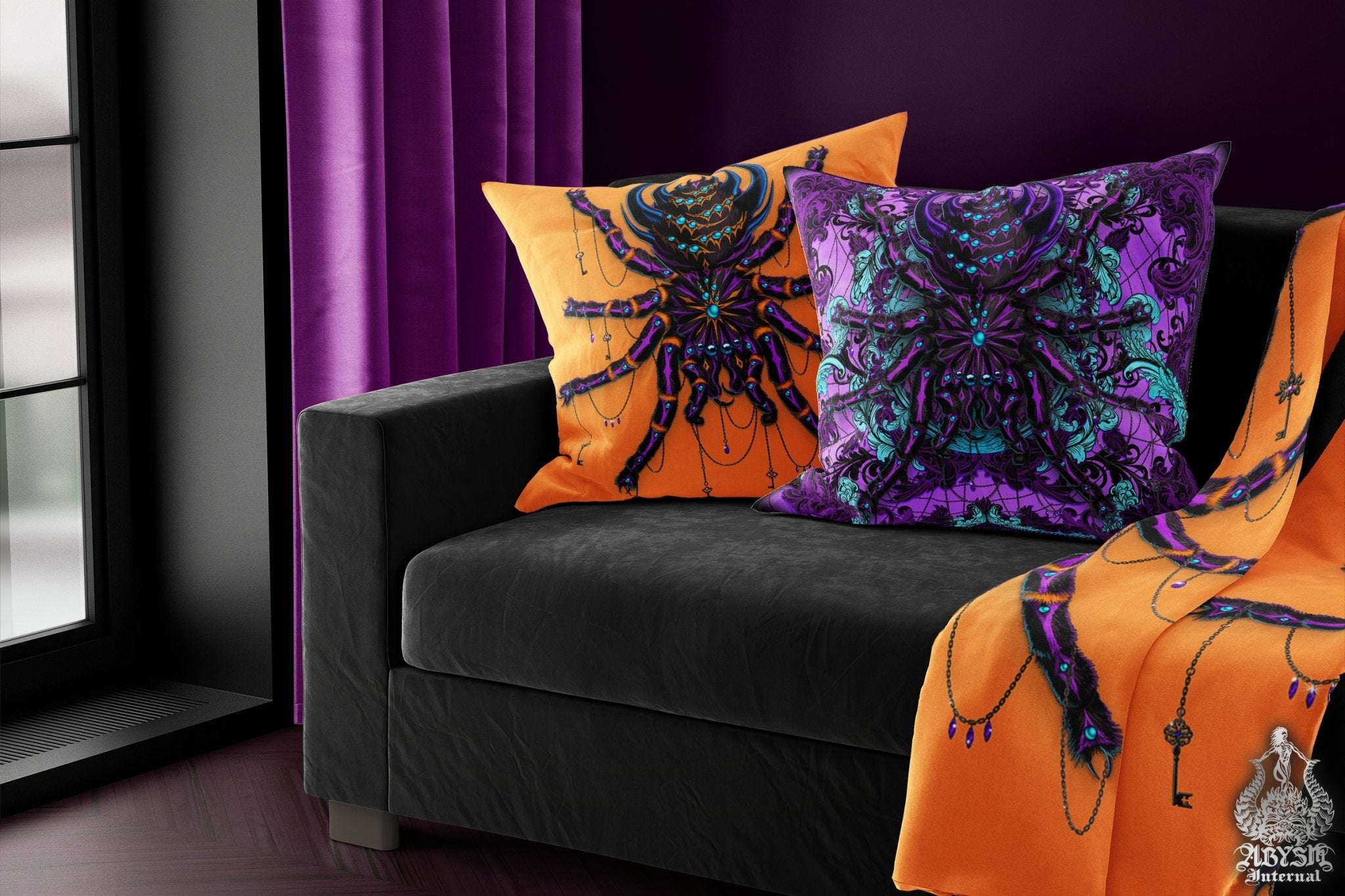 Spider Throw Pillow, Decorative Accent Cushion, Eclectic Room Decor, Alternative Home - Tarantula, Neon Goth - Abysm Internal