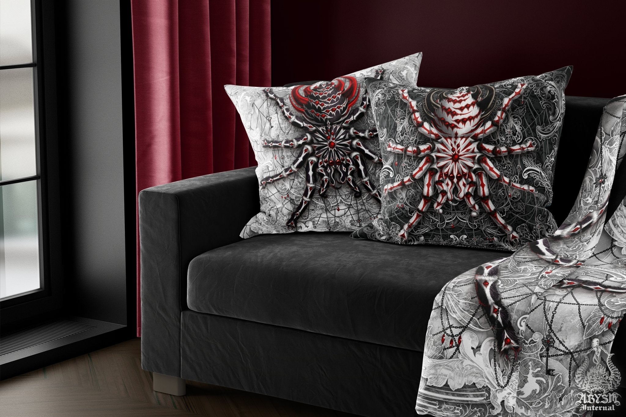 Spider Throw Pillow, Decorative Accent Cushion, Gothic Room Decor, Alternative Home - Tarantula, Spider, Stone Red, White Goth - Abysm Internal