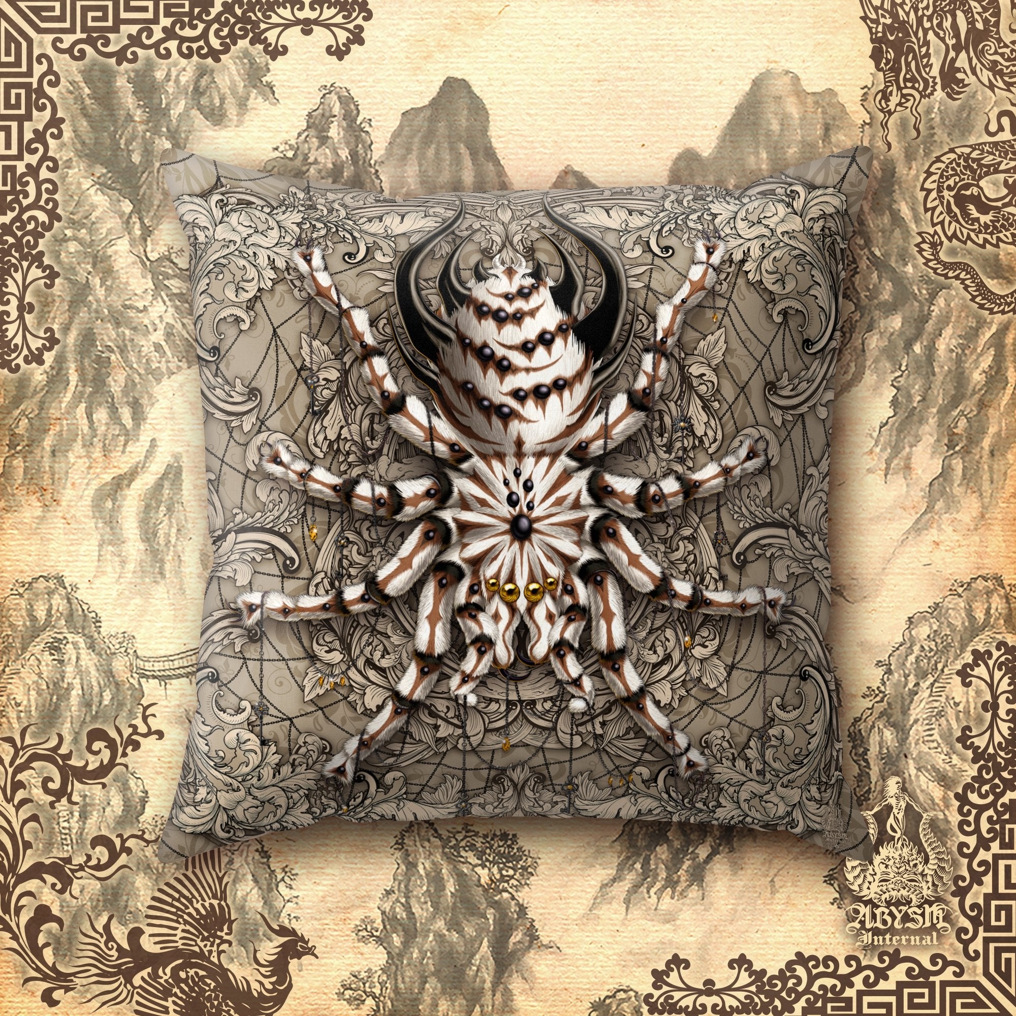 Spider Throw Pillow, Decorative Accent Cushion, Indie Room Decor, Alternative, Funky and Eclectic Home - Tarantula, Cream - Abysm Internal