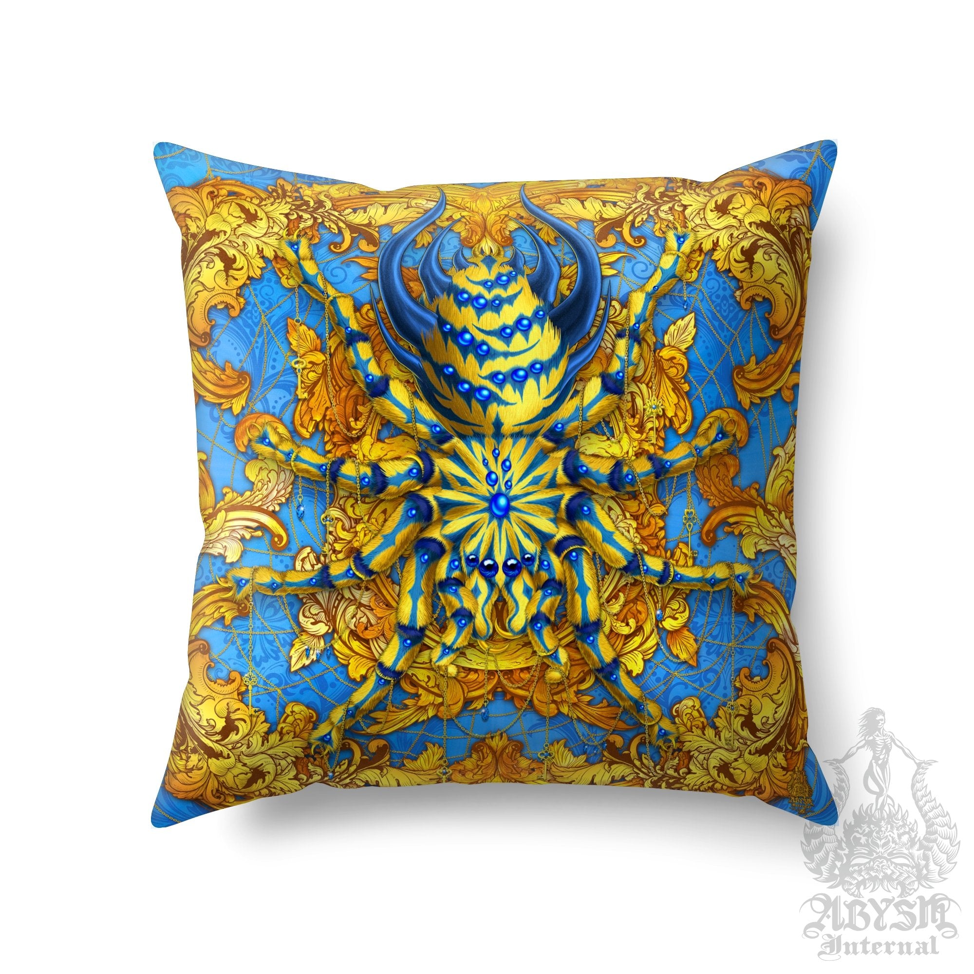 Spider Throw Pillow, Decorative Accent Cushion, Indie Room Decor, Funky and Eclectic Home - Tarantula, Gold and Cyan - Abysm Internal