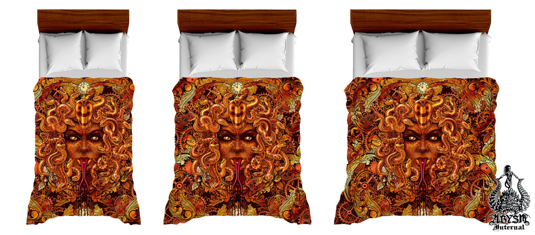 Steampunk Bed Cover, Comforter or Duvet, Victorian Goth Bedding Set, Bedroom Decor, King, Queen & Twin Size - Medusa Skull, 3 Faces - Abysm Internal
