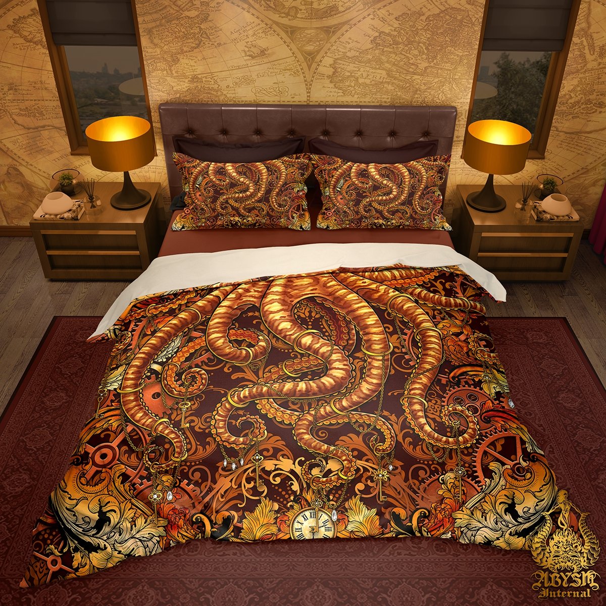 Steampunk Bedding Set, Comforter and Duvet, Beach Bed Cover, Coastal Bedroom Decor, King, Queen and Twin Size - Octopus - Abysm Internal