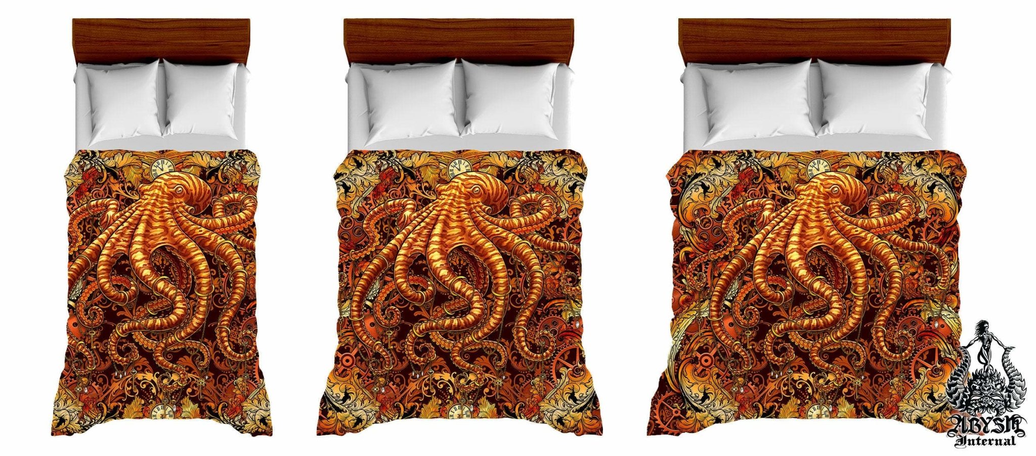 Steampunk Bedding Set, Comforter and Duvet, Beach Bed Cover, Coastal Bedroom Decor, King, Queen and Twin Size - Octopus - Abysm Internal