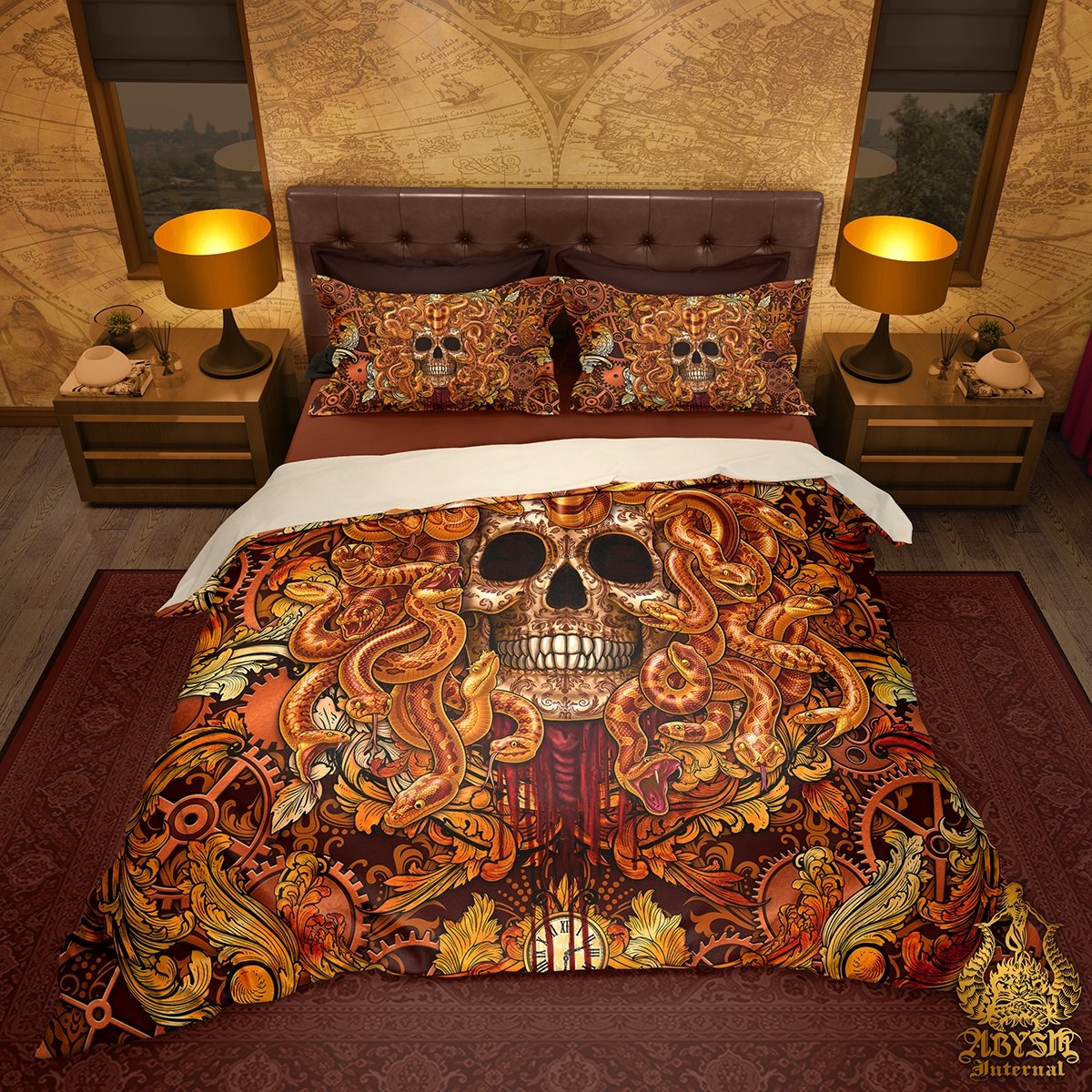 Steampunk Bedding Set, Comforter and Duvet, Victorian Goth Bed Cover and Bedroom Decor, King, Queen and Twin Size - Medusa Skull - Abysm Internal