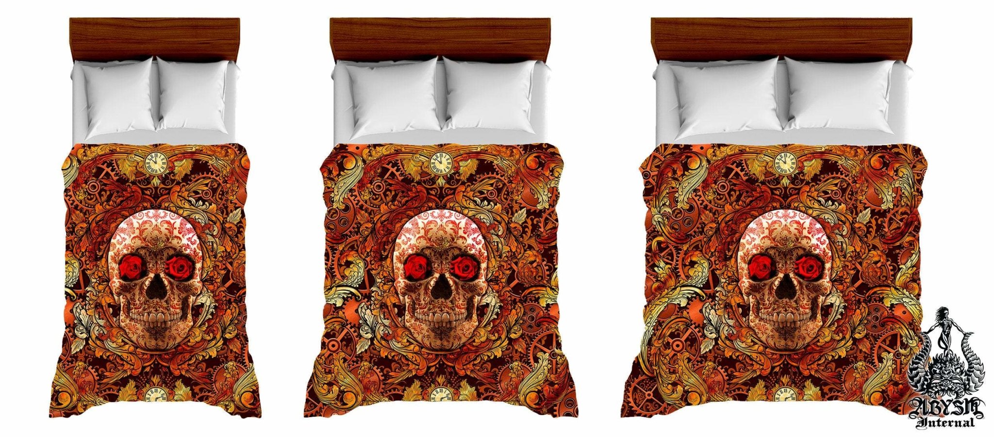 Steampunk Bedding Set, Comforter and Duvet, Victorian Goth Bed Cover and Bedroom Decor, King, Queen and Twin Size - Skull - Abysm Internal