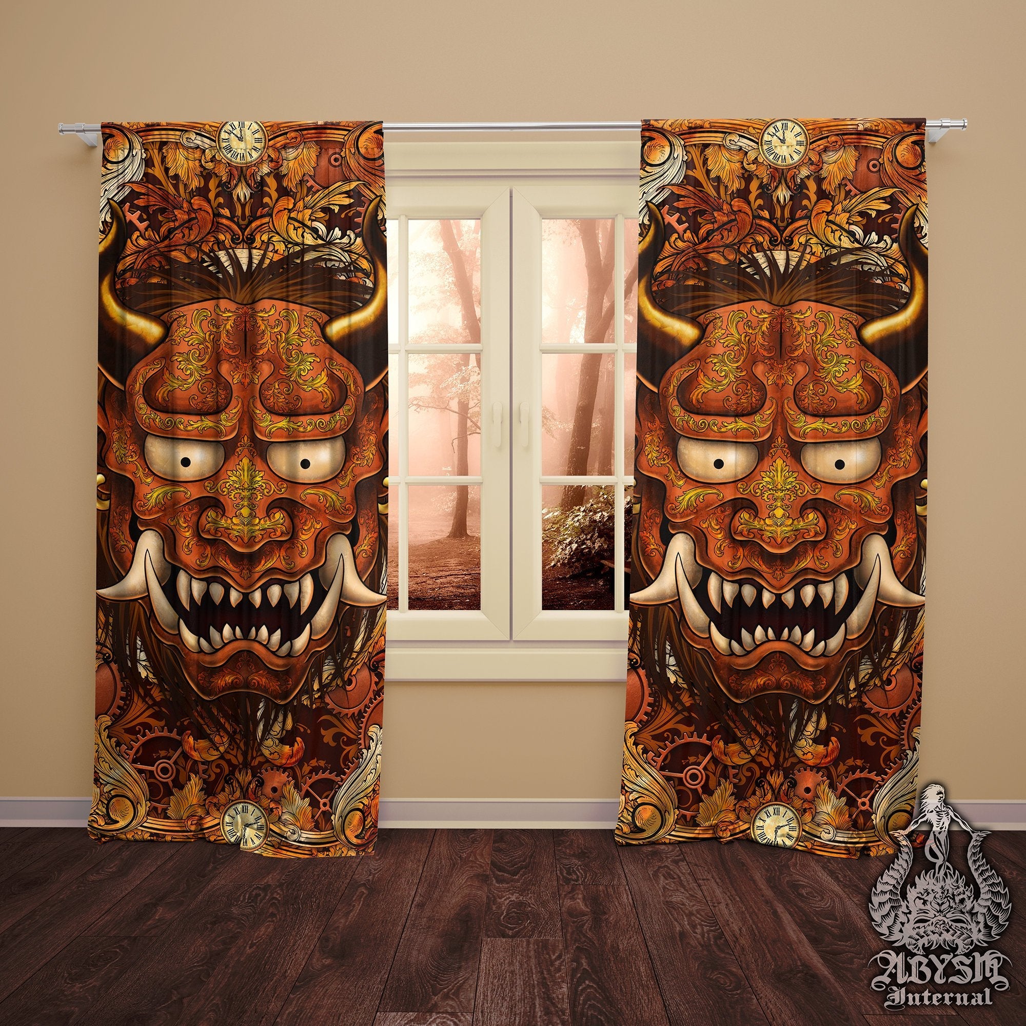 Steampunk Blackout Curtains, Long Window Panels, Japanese Demon, Fantasy Room Decor, Art Print - Bronze Oni - Abysm Internal