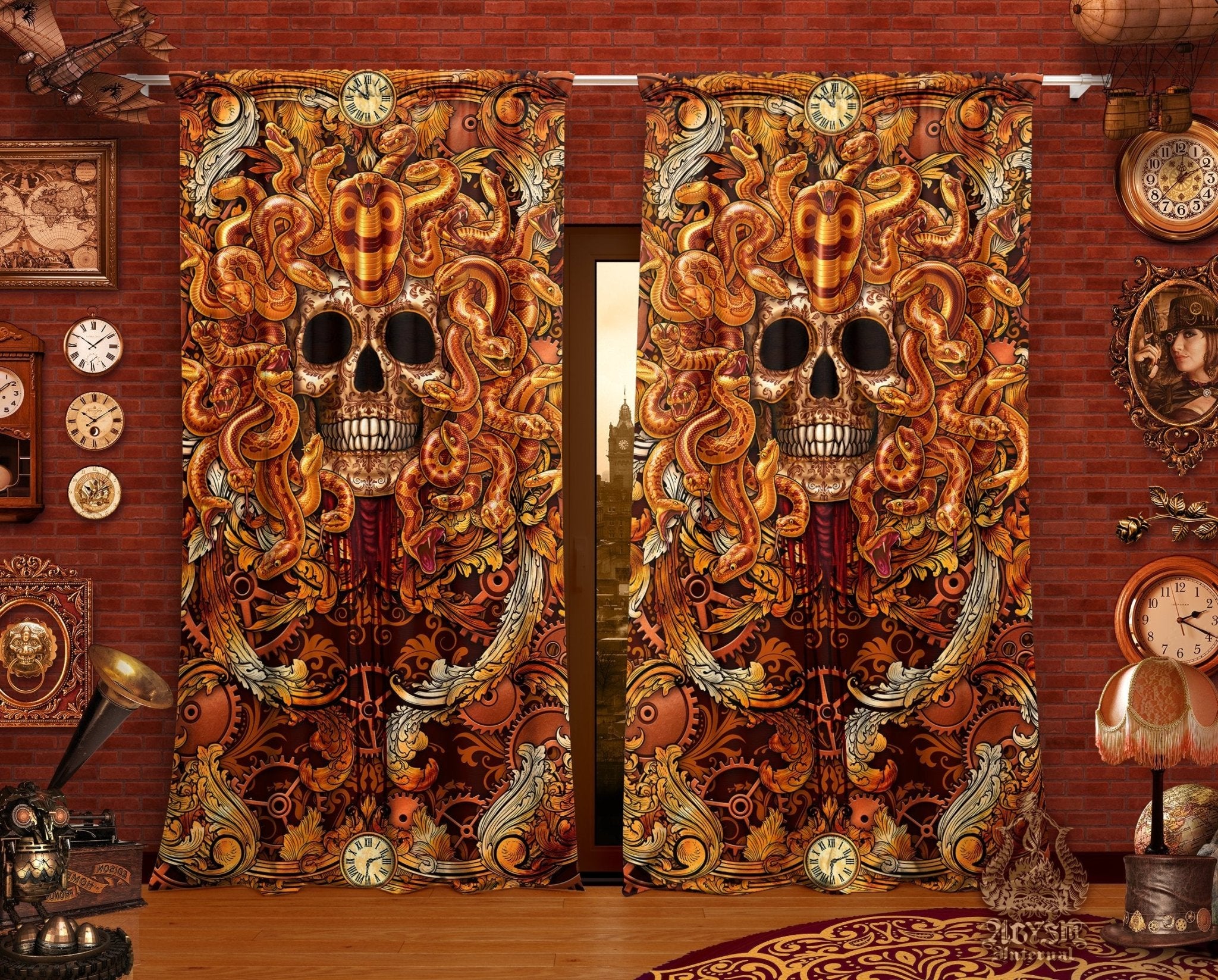 Steampunk Blackout Curtains, Long Window Panels, Skull Art Print, Victorian Room Decor - Bronze Medusa & Snakes - Abysm Internal