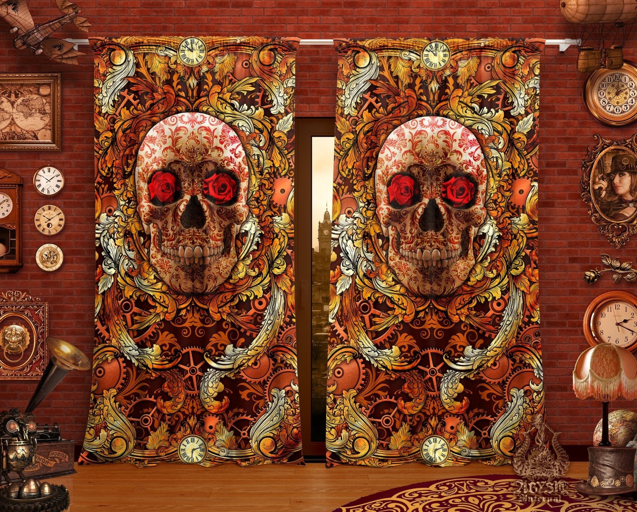 Steampunk Blackout Curtains, Long Window Panels, Skull Room Decor - Abysm Internal