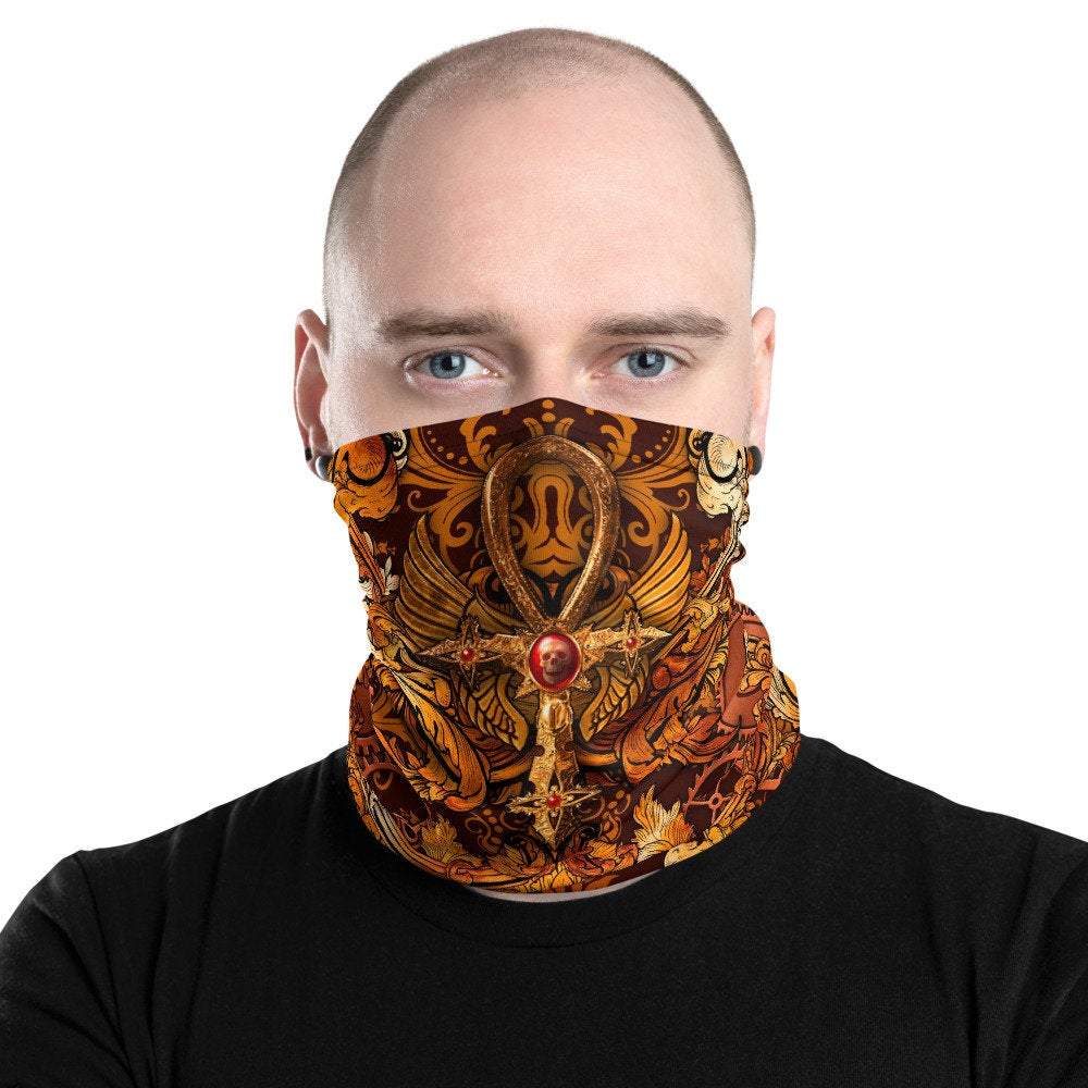 Steampunk Neck Gaiter, Face Mask, Head Covering, Goth Street Outfit - Ankh Cross - Abysm Internal