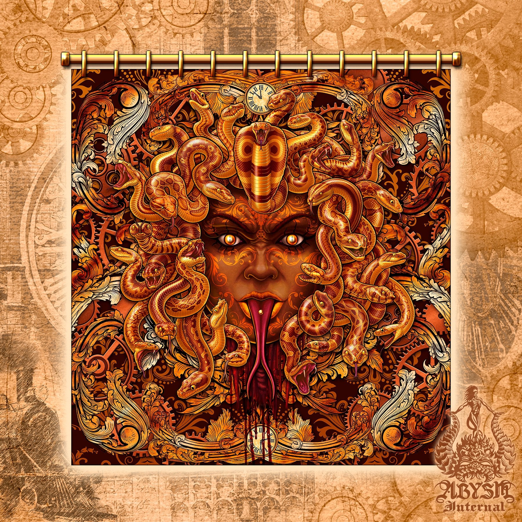 Steampunk Shower Curtain, 71x74 inches, Medusa Bathroom Decor, Fantasy - 3 Faces, Skull and Bronze Snakes - Abysm Internal