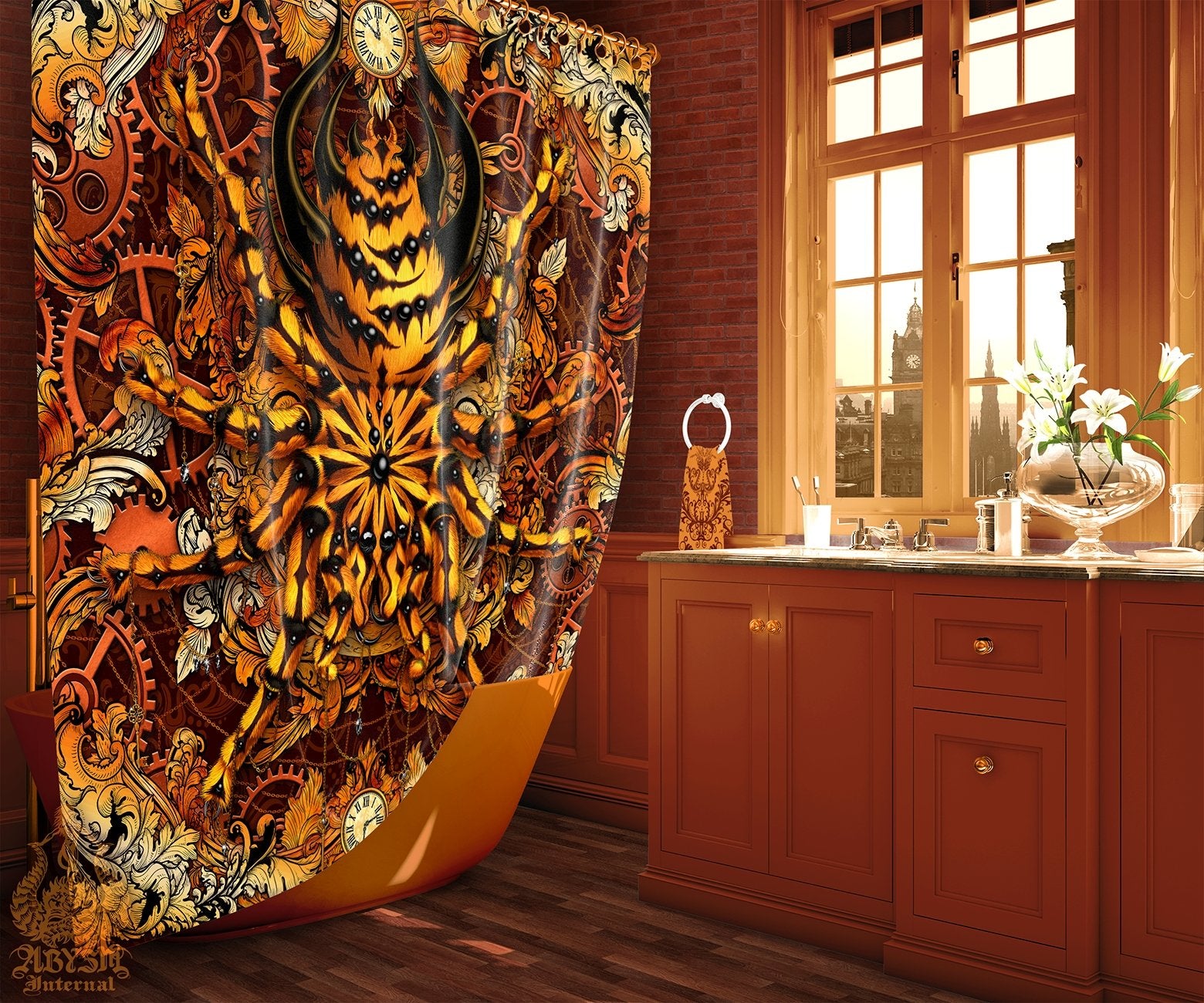 Steampunk Shower Curtain, Baroque Bathroom Decor, Alternative Home - Spider, Tarantula Art - Abysm Internal