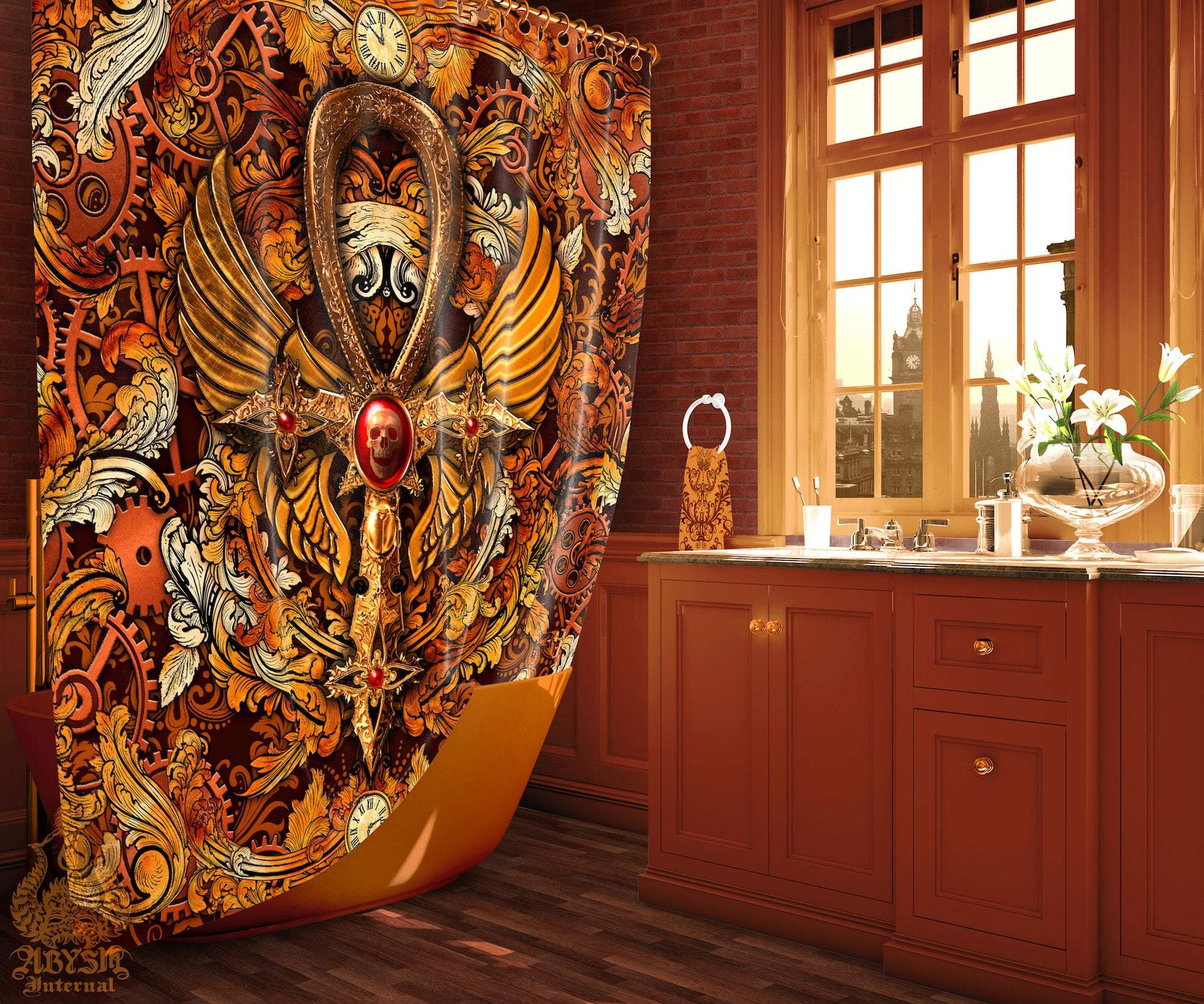 Steampunk Shower Curtain, Dark Ankh, Fantasy Bathroom Decor - Abysm Internal
