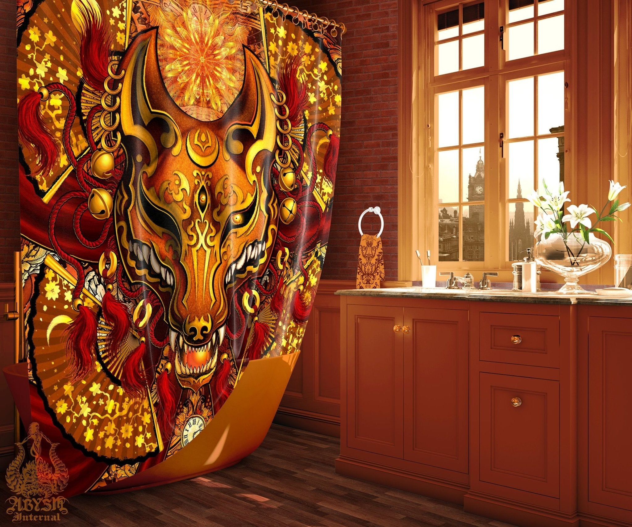 Steampunk Shower Curtain, Kitsune Mask, Okami, Anime Bathroom Decor, Fantasy, Fox Art - Red - Abysm Internal