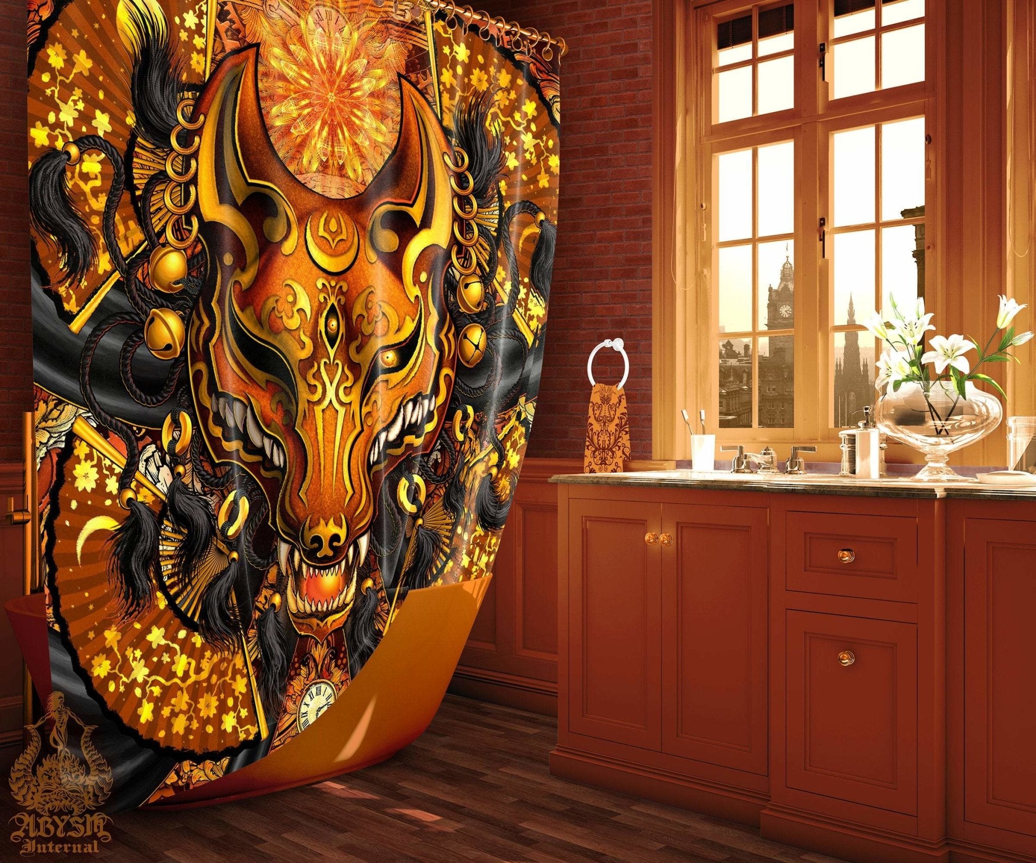 Steampunk Shower Curtain, Kitsune Mask, Okami, Fantasy Bathroom Decor, Anime, Fox Art - Black - Abysm Internal