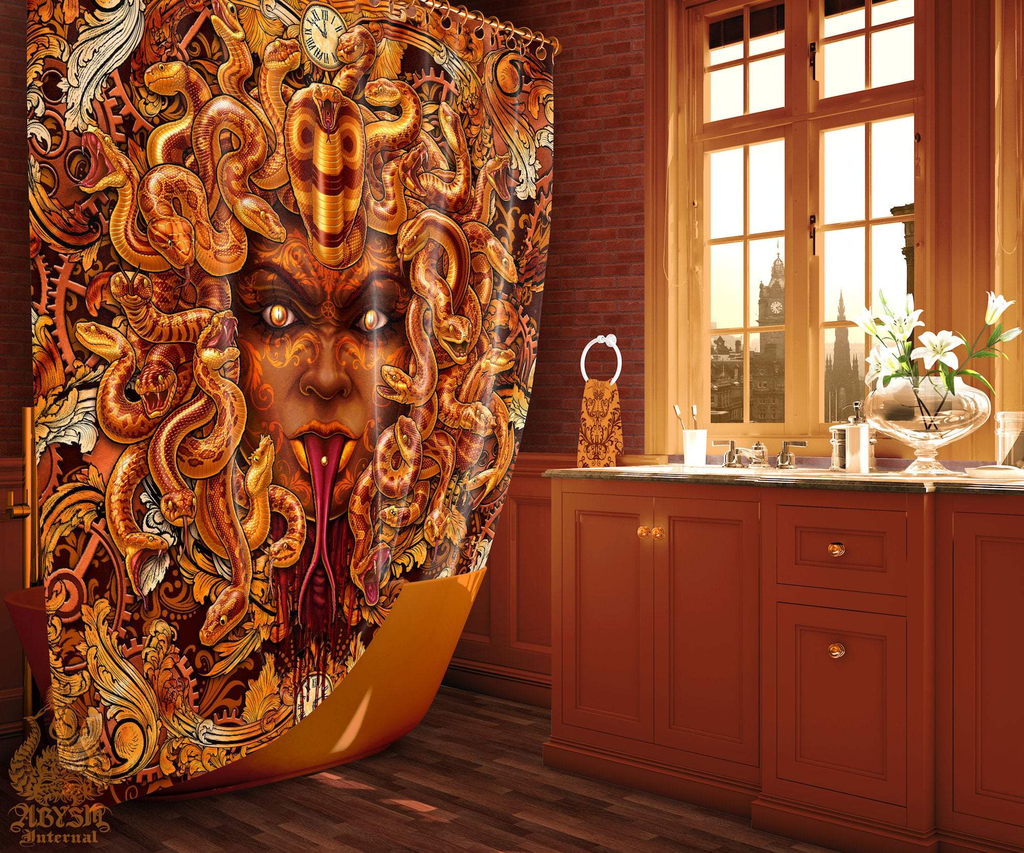 Steampunk Shower Curtain, Medusa Bathroom Decor, Fantasy - Mocking, Bronze Snakes - Abysm Internal