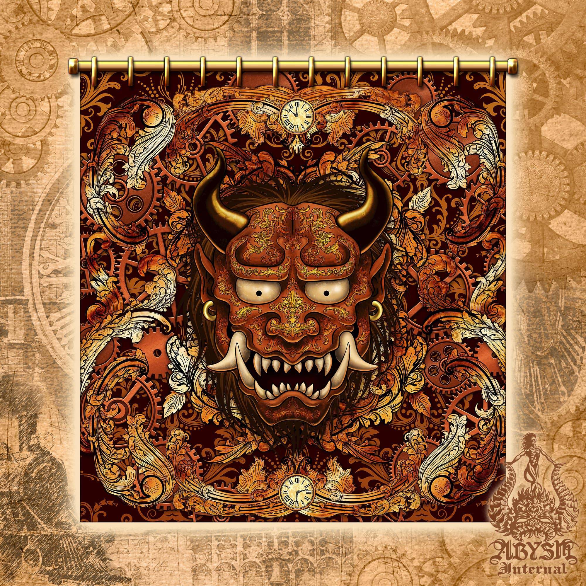 Steampunk Shower Curtain, Oni Bathroom Decor, Fantasy, Japanese Demon - Abysm Internal