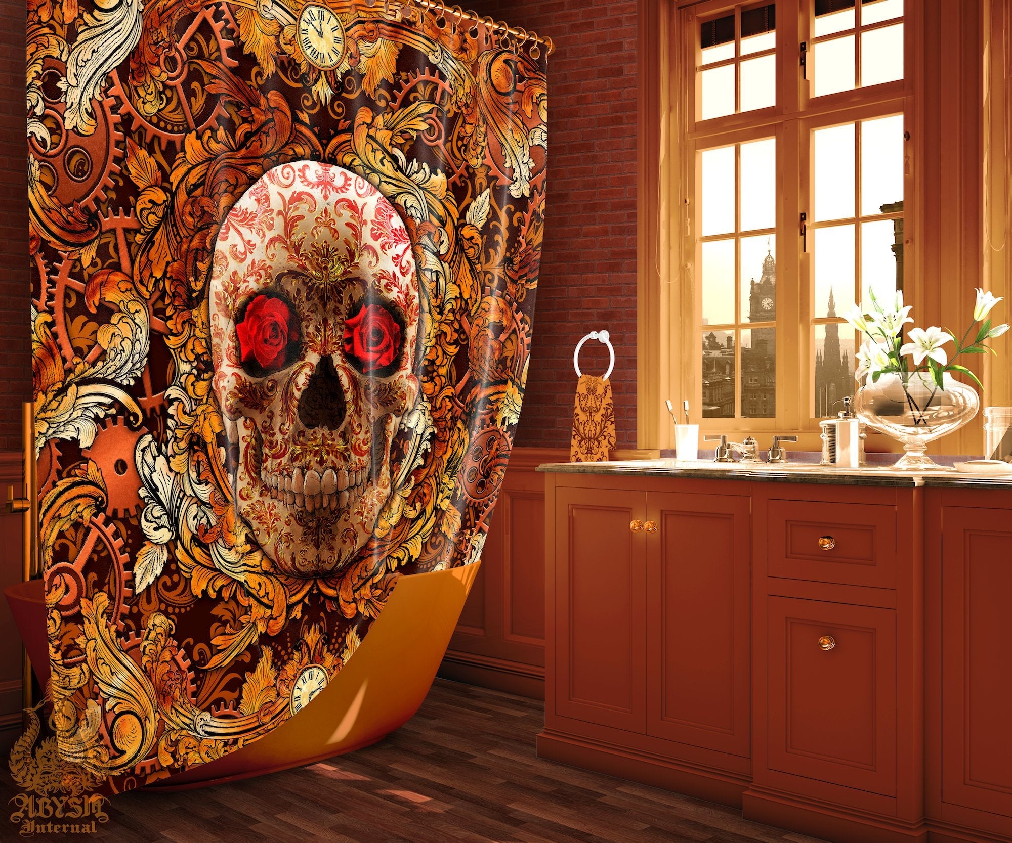Steampunk Shower Curtain, Skull Bathroom Decor, Victorian, Macabre Decor - Abysm Internal