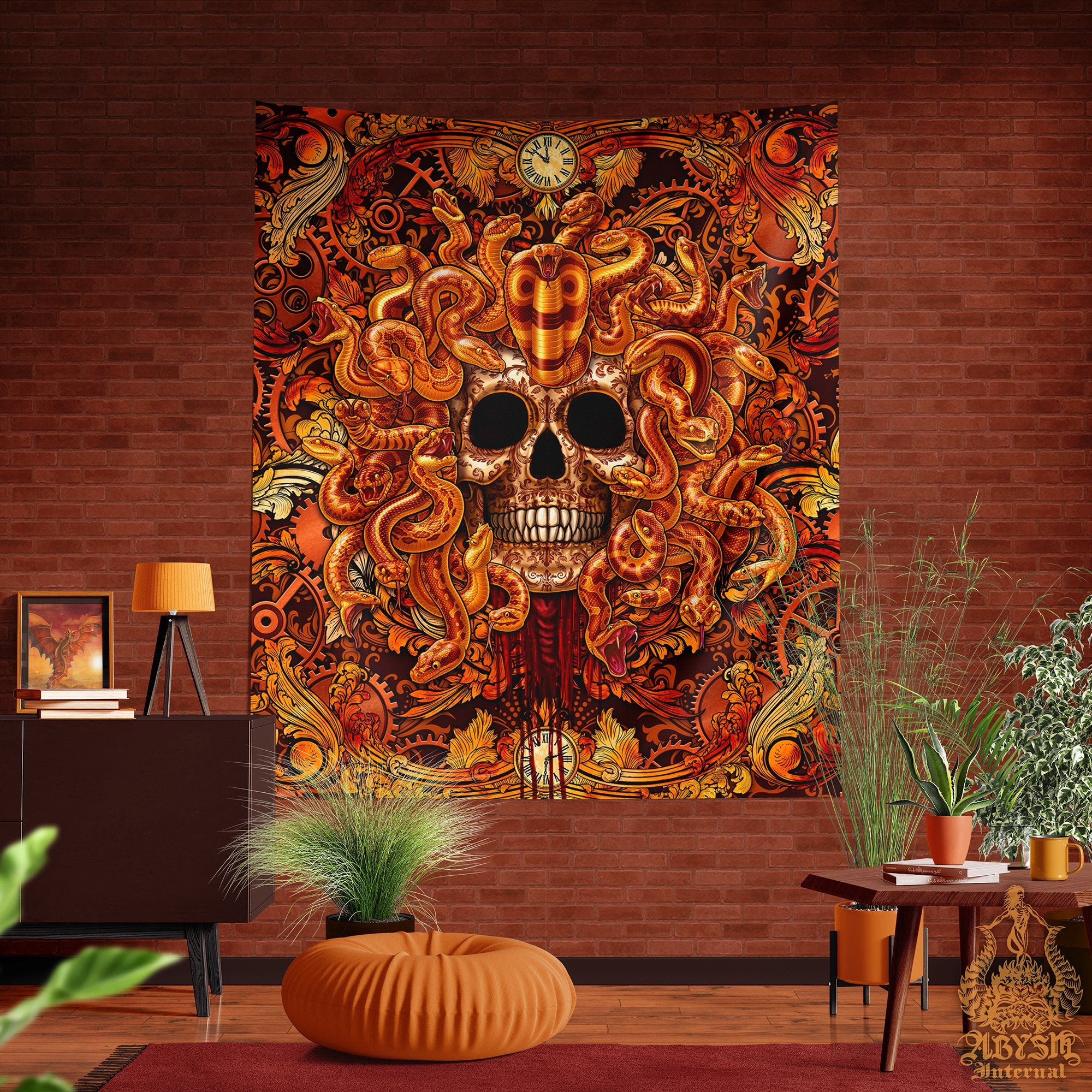 Steampunk Tapestry, Medusa Skull Wall Hanging, Alternative Home Decor, Vertical Art Print - Bronze Snakes, 3 Faces - Abysm Internal