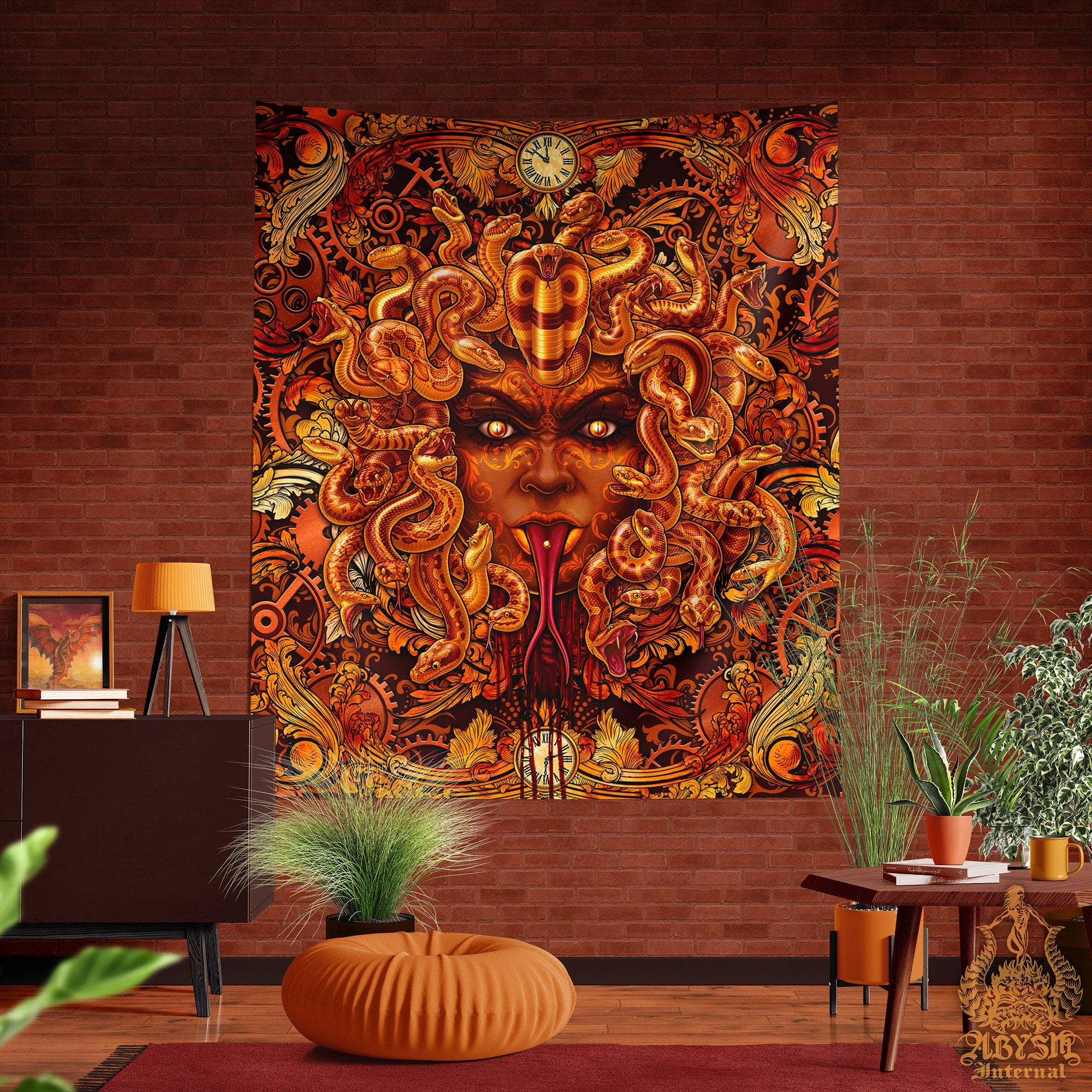 Steampunk Tapestry, Medusa Wall Hanging, Alternative Home Decor, Art Print - Bronze Snakes, 2 Faces - Abysm Internal